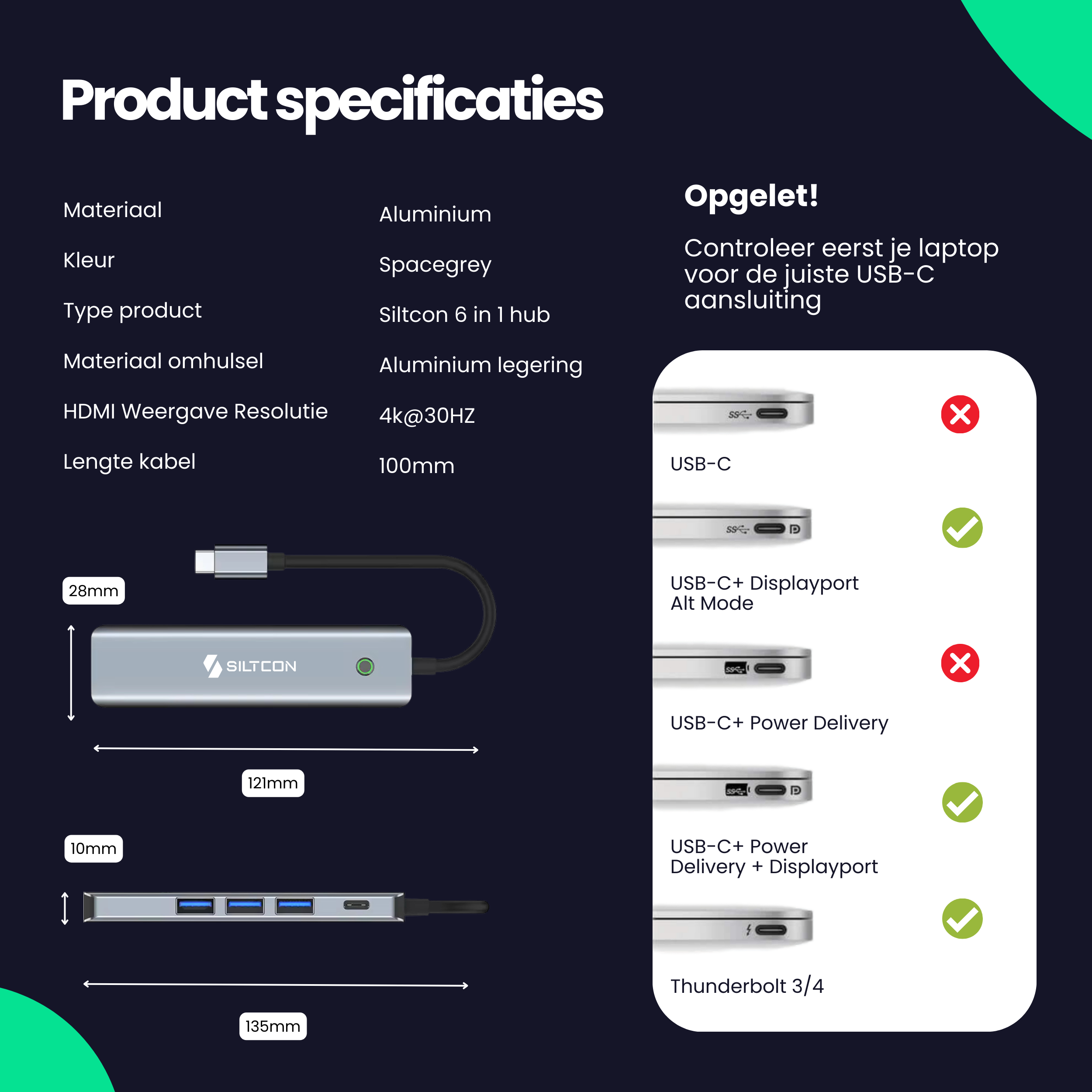 Silver USB-C hub with 3 USB-A ports, HDMI, 4k@30Hz, 100mm cable.