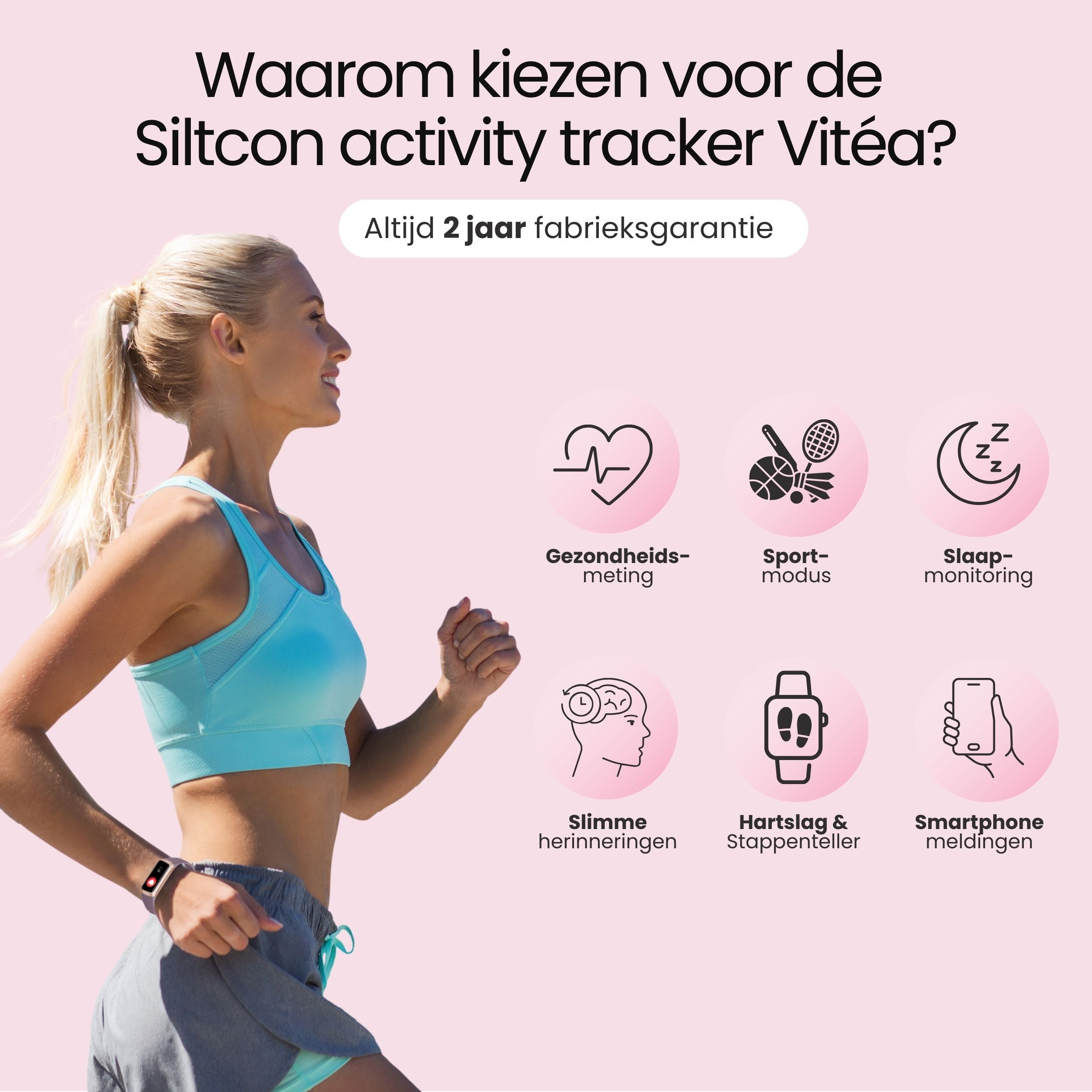 Vrouw rent, activiteitstracker functies: hart, sport, slaap, herinnering, stappenteller.