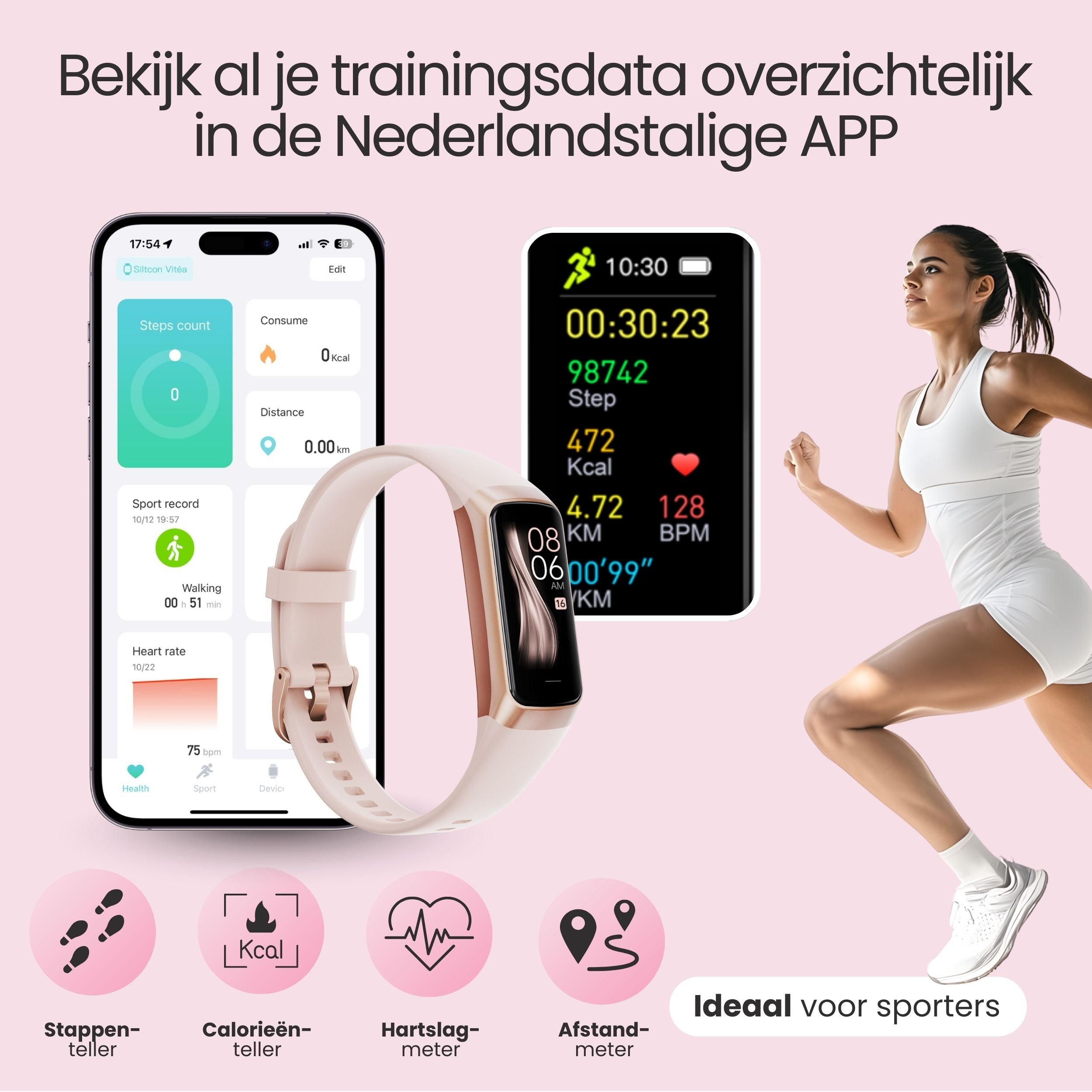 Een vrouw rent met een smartwatch. Het horloge toont fitnessgegevens zoals stappen en calorieën.