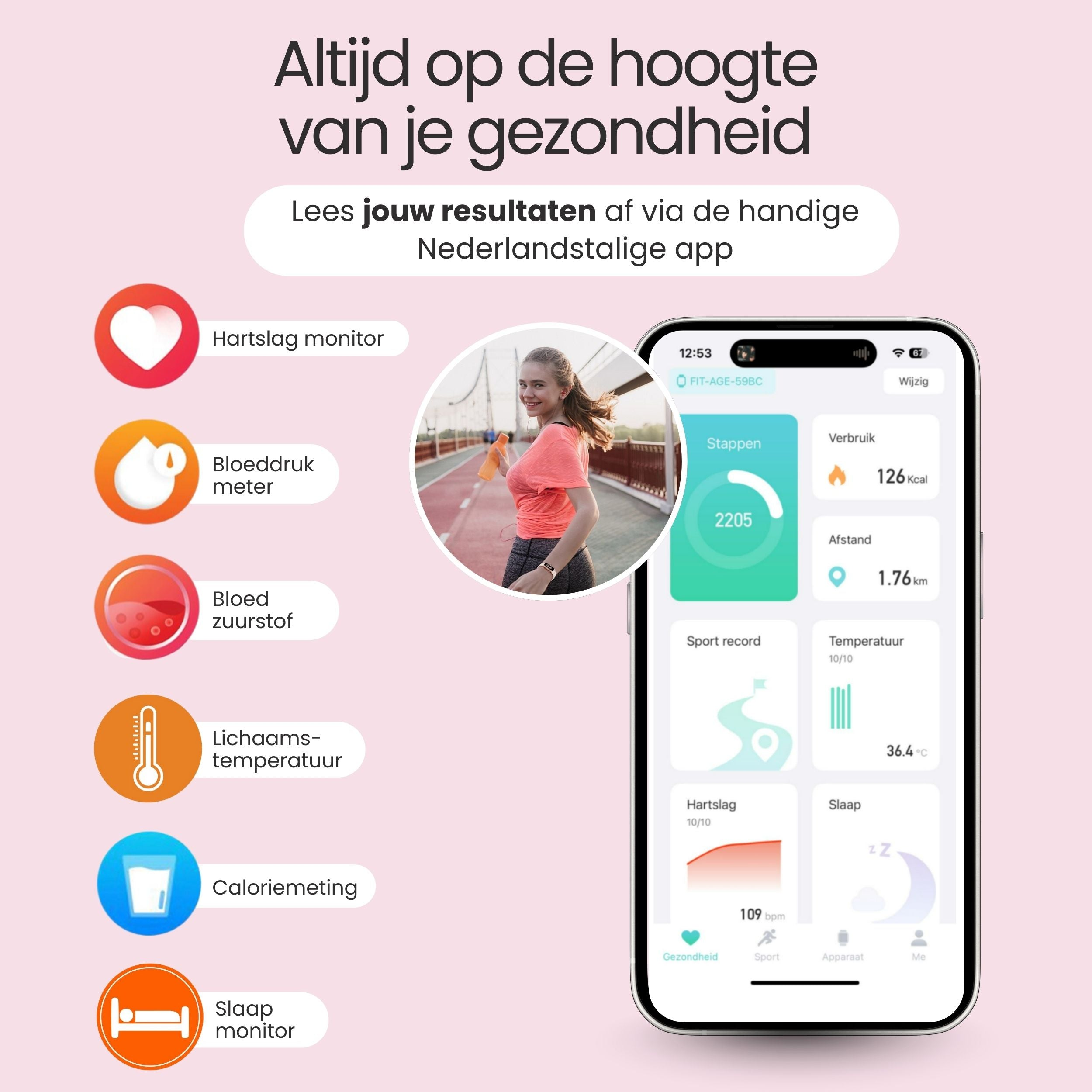 Een smartphone toont gezondheidsgegevens zoals hartslag, stappen en calorieën.