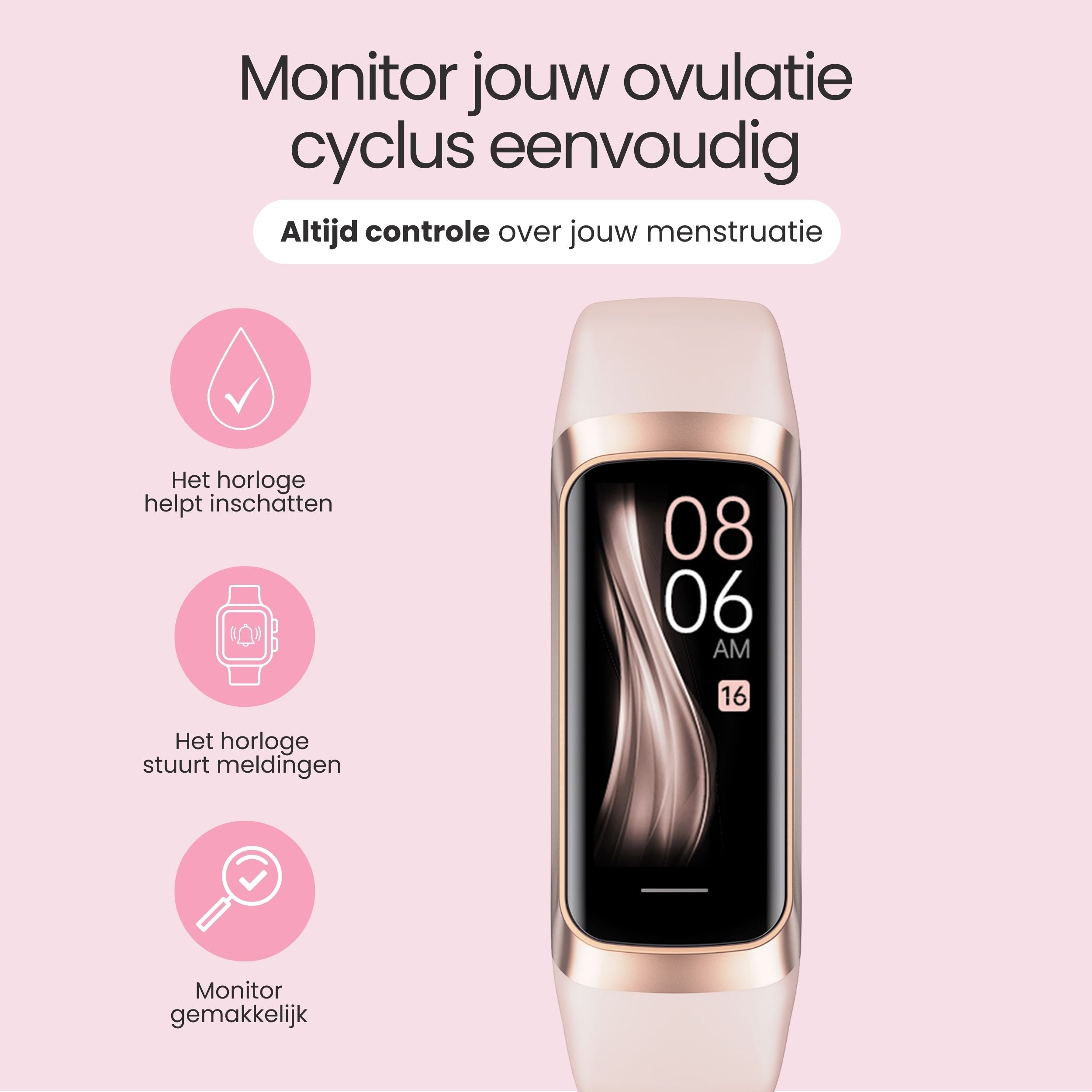 Een roségouden fitnessband met zwart scherm toont 08:06 AM.