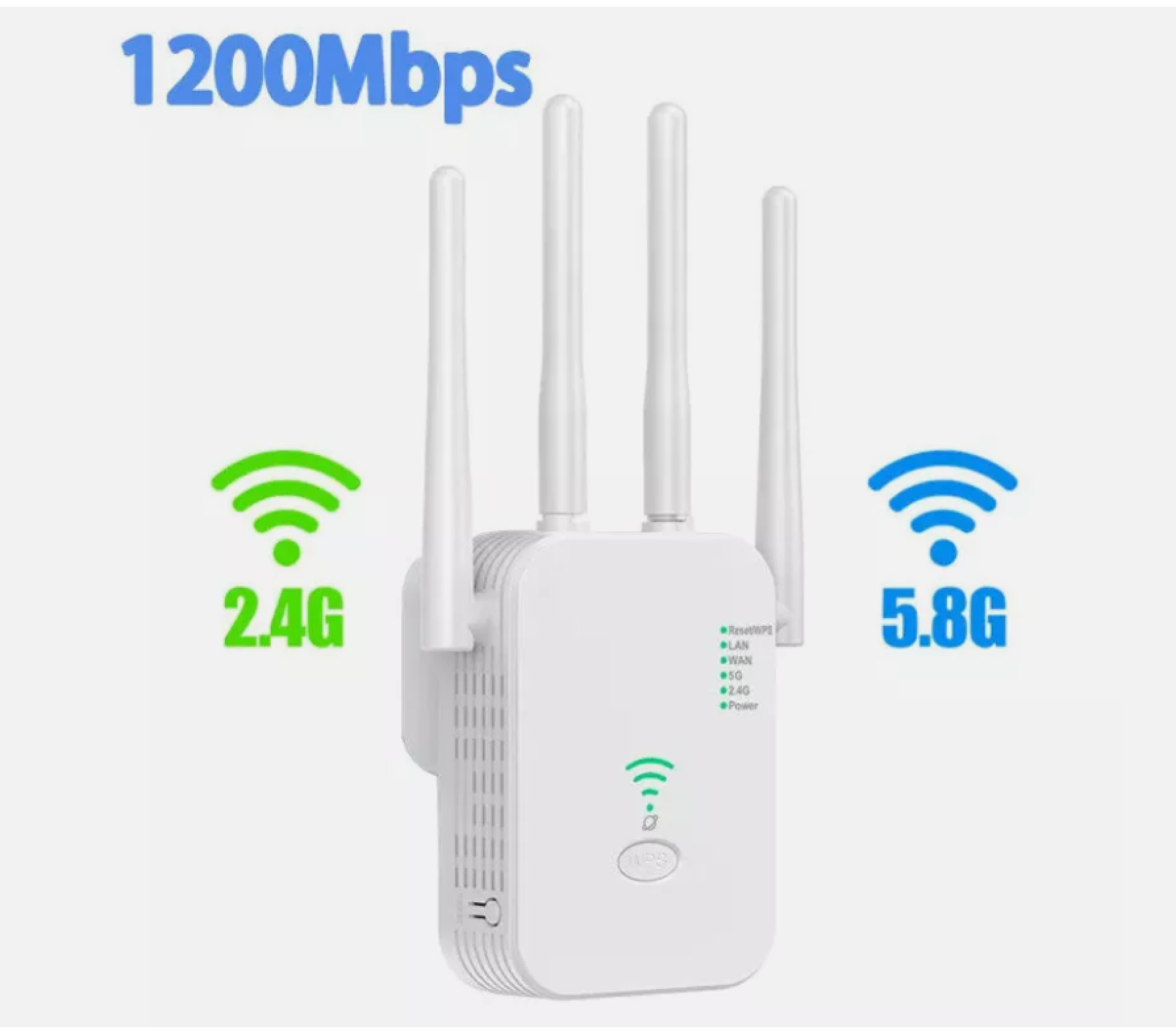 Ein weißer WLAN-Repeater mit 4 Antennen, 1200 Mbps, 2,4 G und 5,8 G.