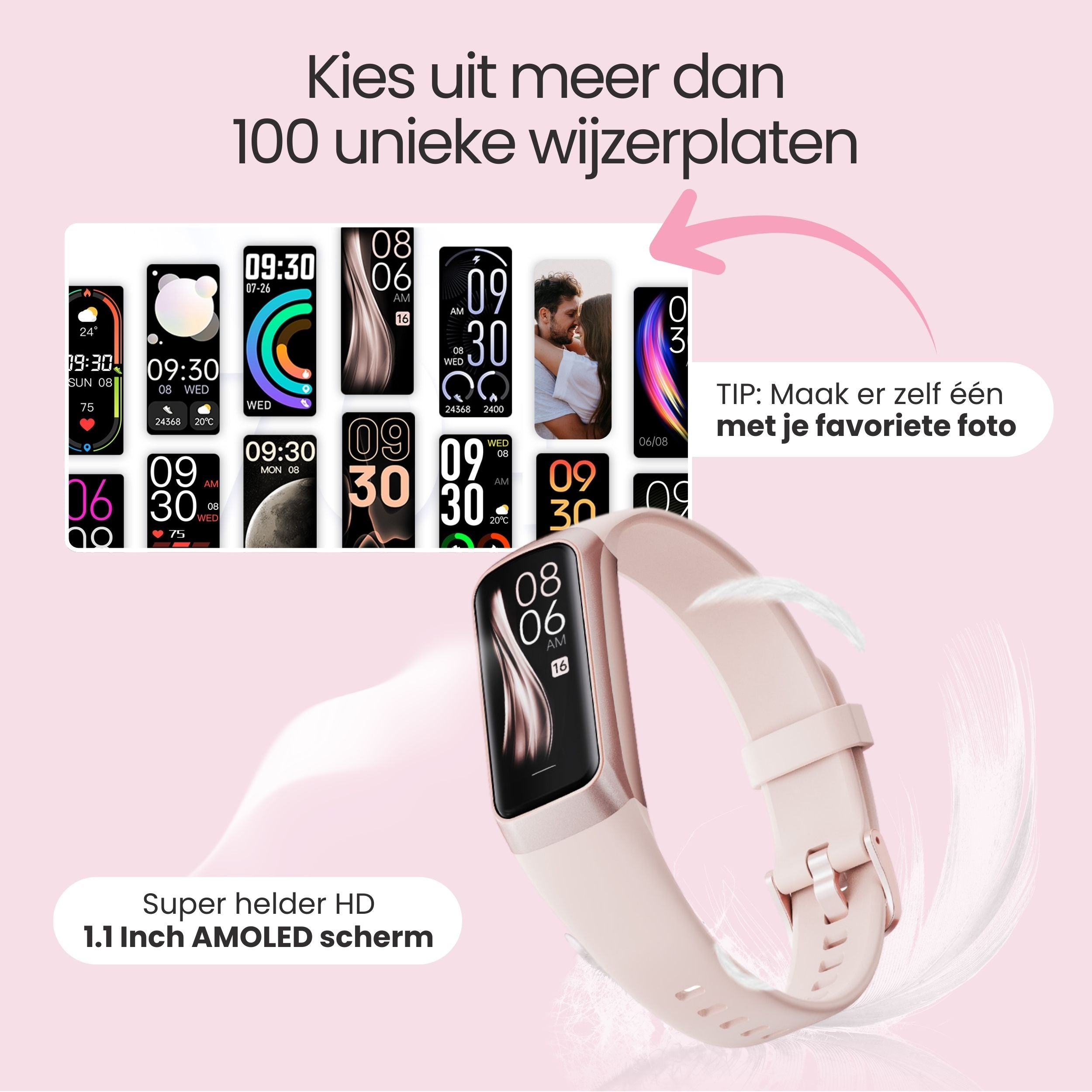 Roze smartwatch met diverse wijzerplaten en tekst highlights.