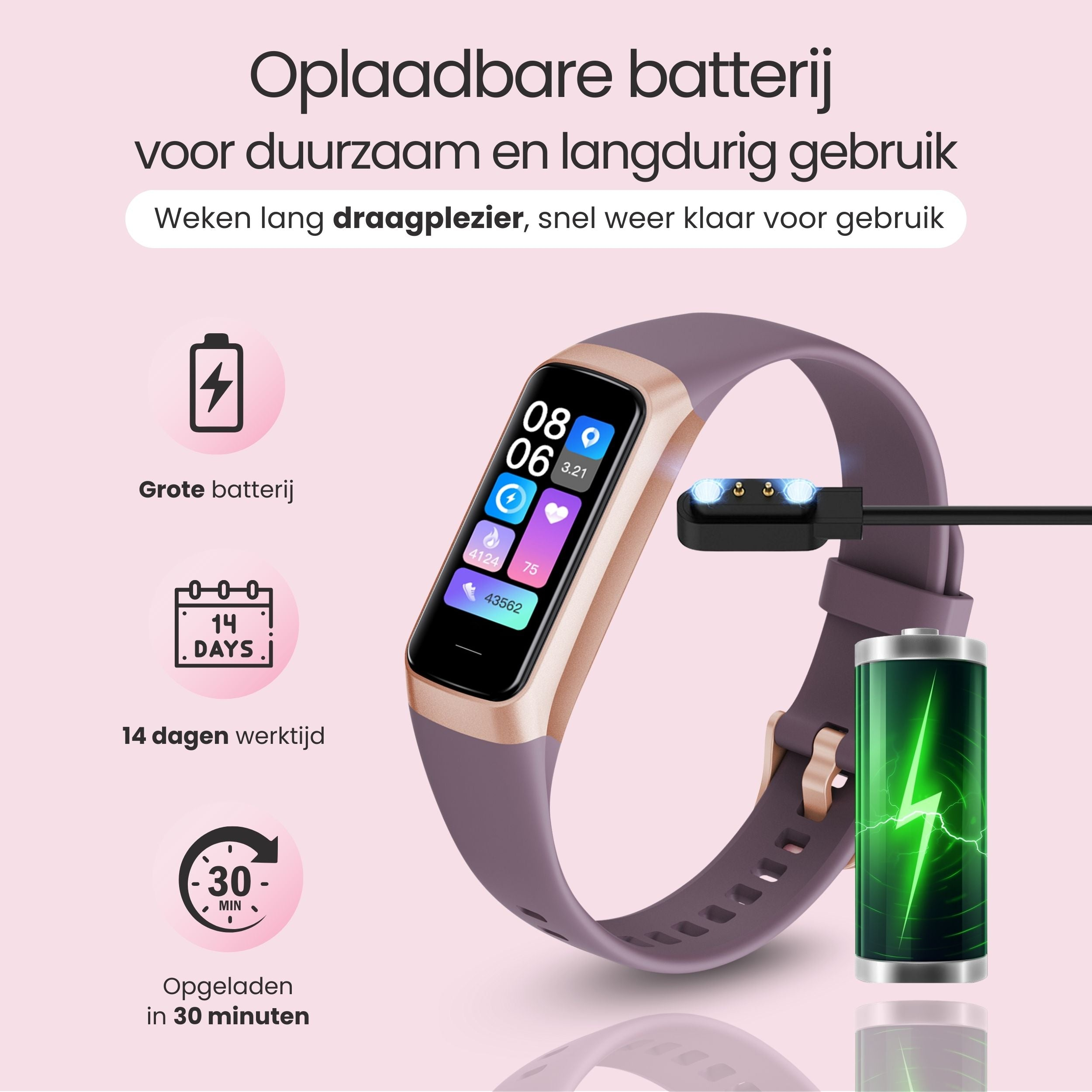 Paarse fitnesstracker met oplaadpoort en batterij-iconen. 14 dagen batterijduur.