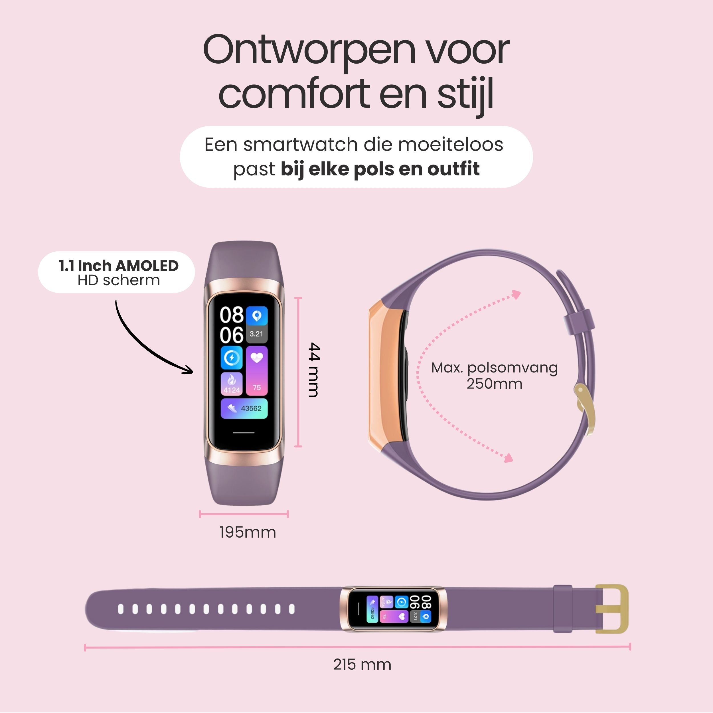 Paarse smartwatch met AMOLED-scherm, toont tijd, stappen, hartslag.