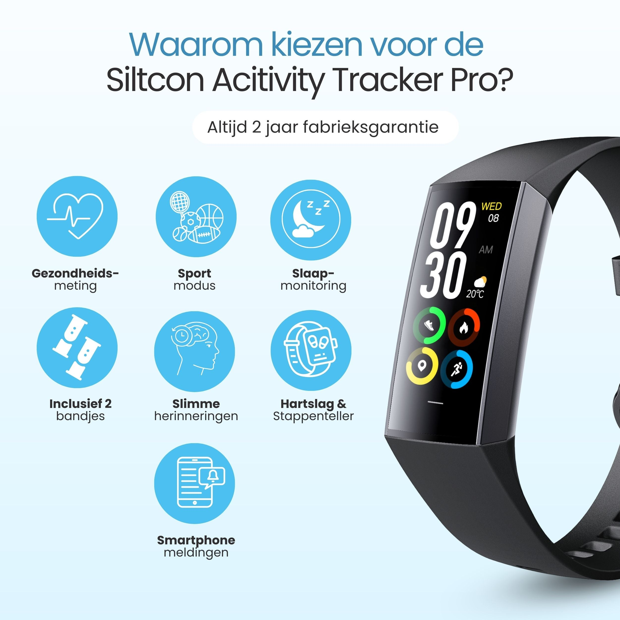 Een zwart fitnessarmband met iconen voor gezondheid, sport, slaap, meldingen, hartslag.