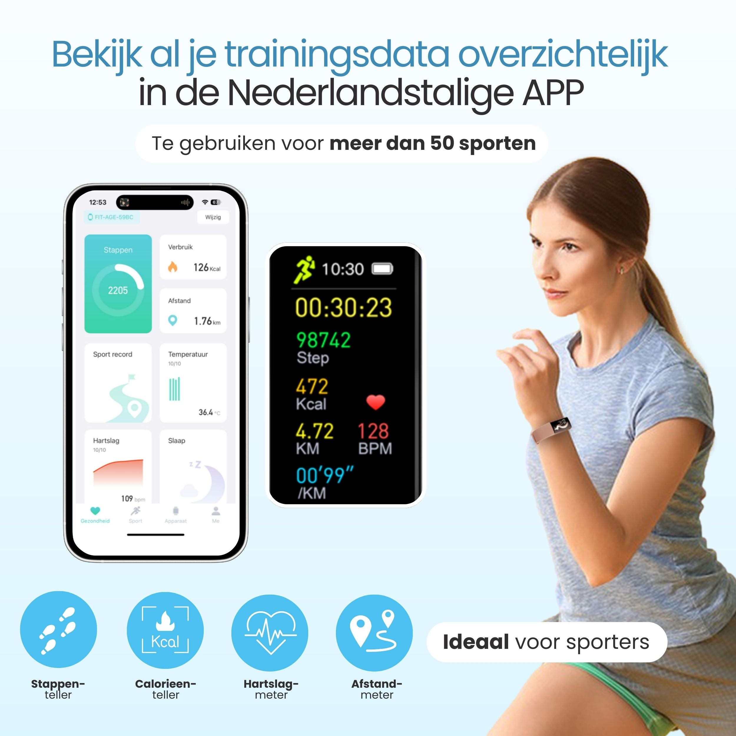 Vrouw met activity tracker toont trainingsdata op telefoon en smartwatch. Ideaal voor sporters.
