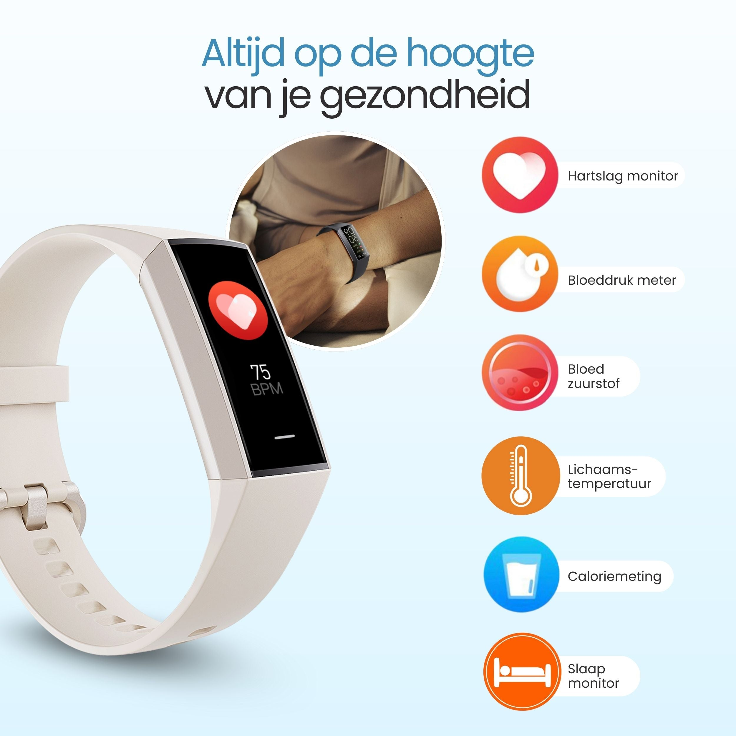 Een wit fitnessarmband toont hartslag, met ernaast iconen voor gezondheidsfuncties.