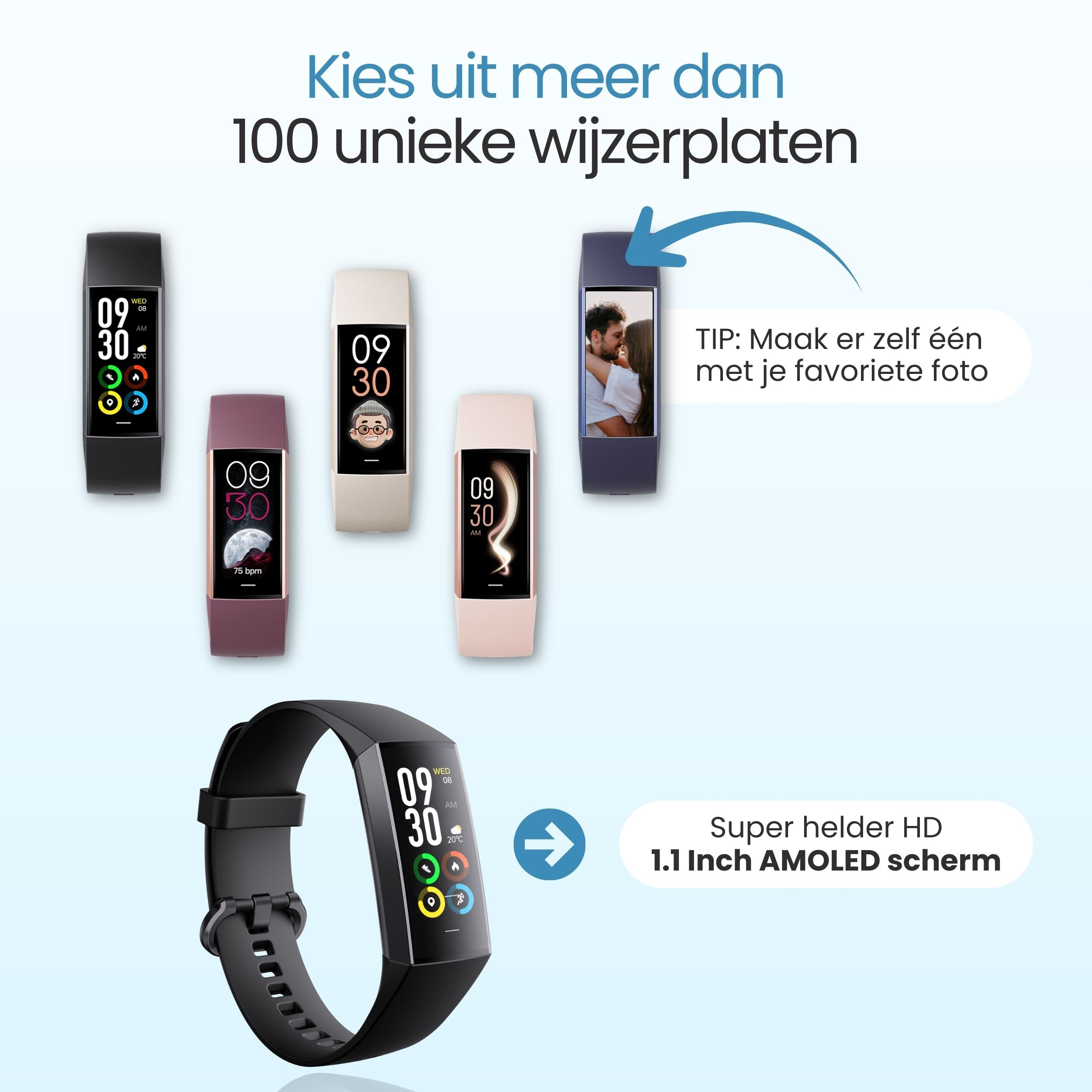 Meerdere fitnesstrackers met diverse wijzerplaten en een grote zwarte tracker.
