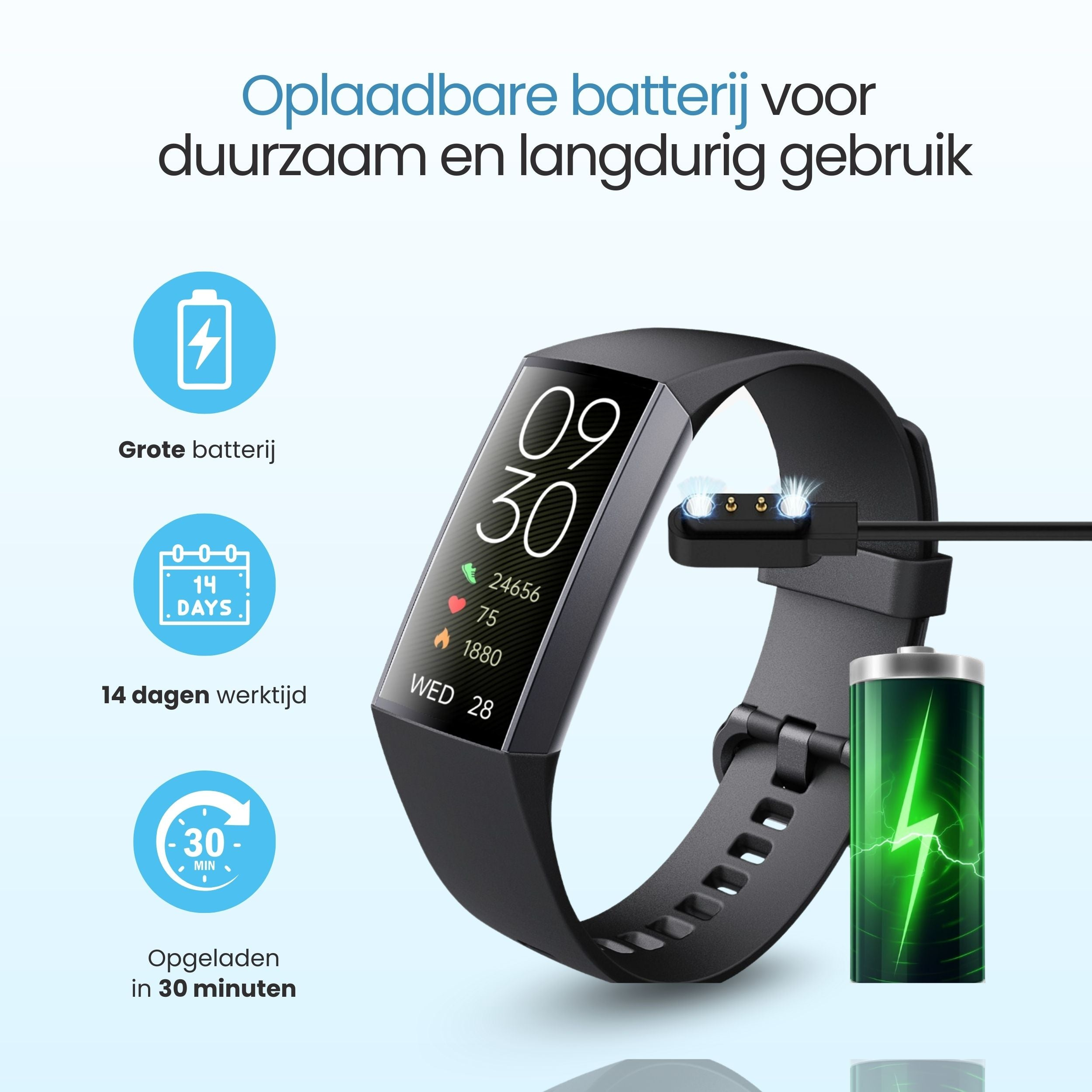 Een zwarte fitnesstracker met laadpictogrammen en batterijafbeeldingen.