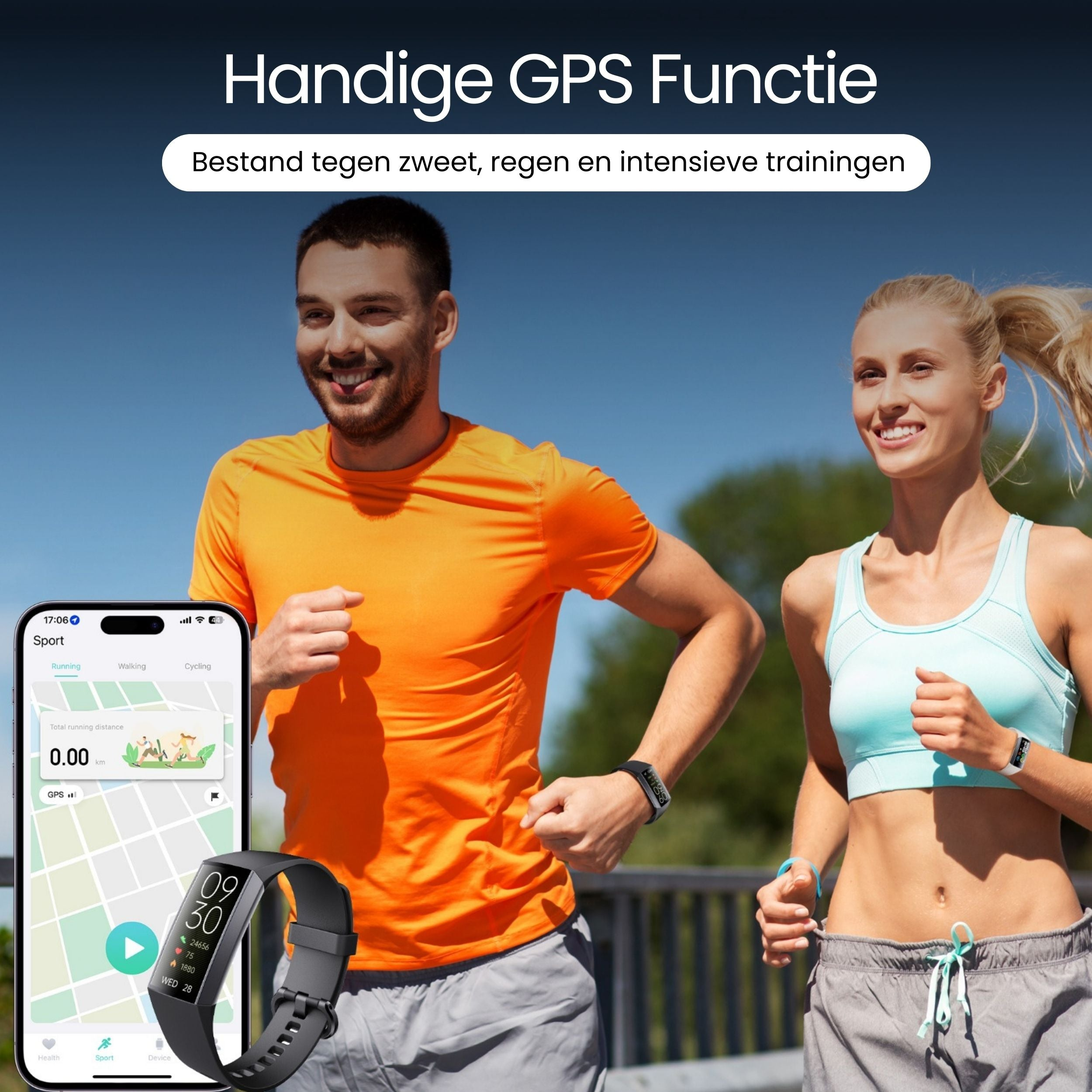 Een man en vrouw rennen, een smartphone toont een hardloopapp.