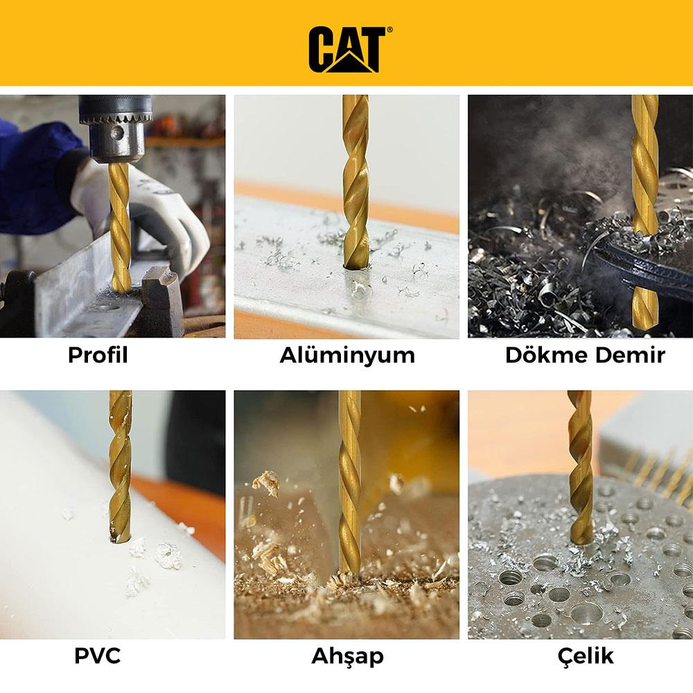 Farklı malzemeler üzerinde altı matkap ucu: profil, alüminyum, dökme demir, PVC, ahşap, çelik.