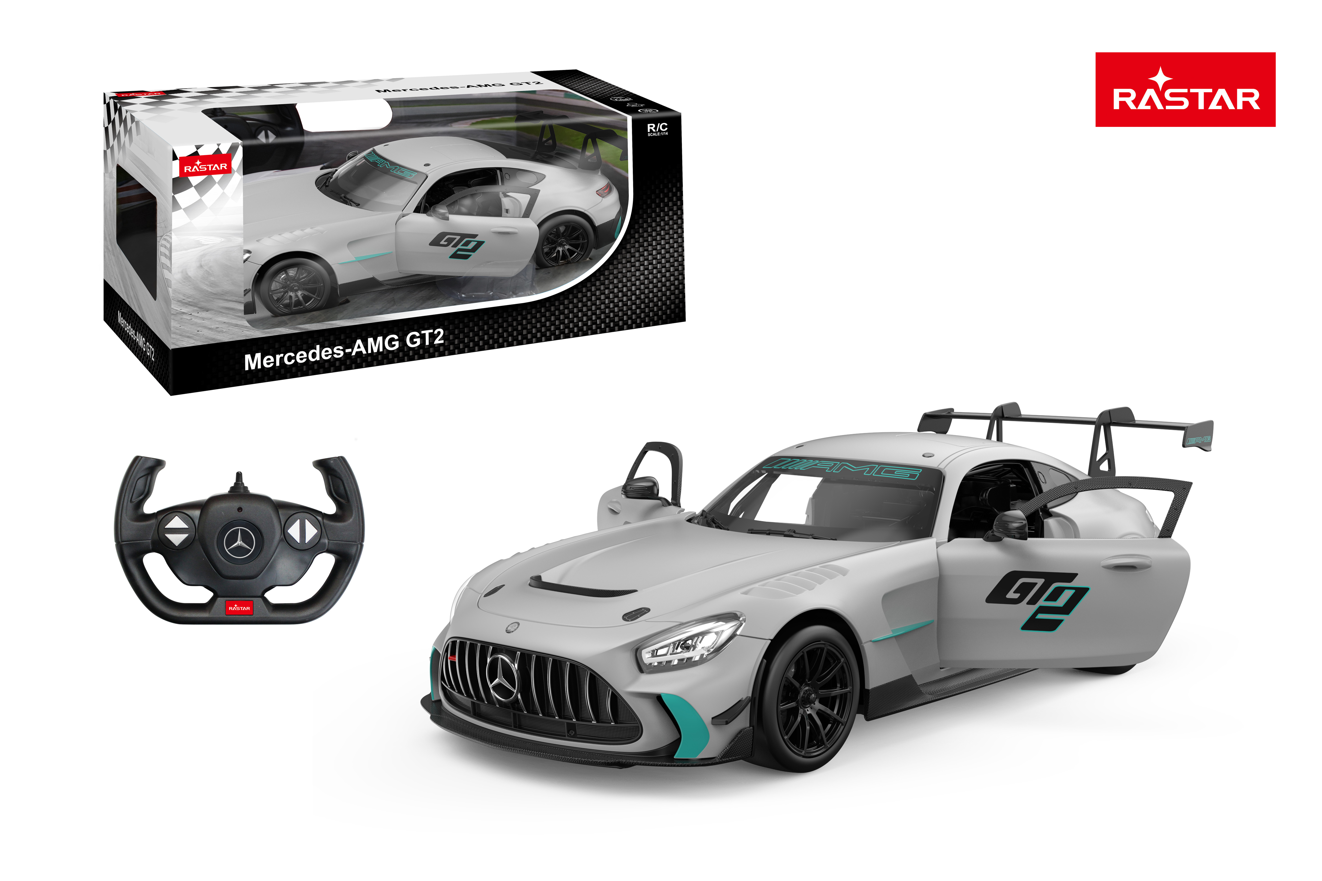 Szary samochód zdalnie sterowany Mercedes-AMG GT2 z otwartymi drzwiami i pilotem.