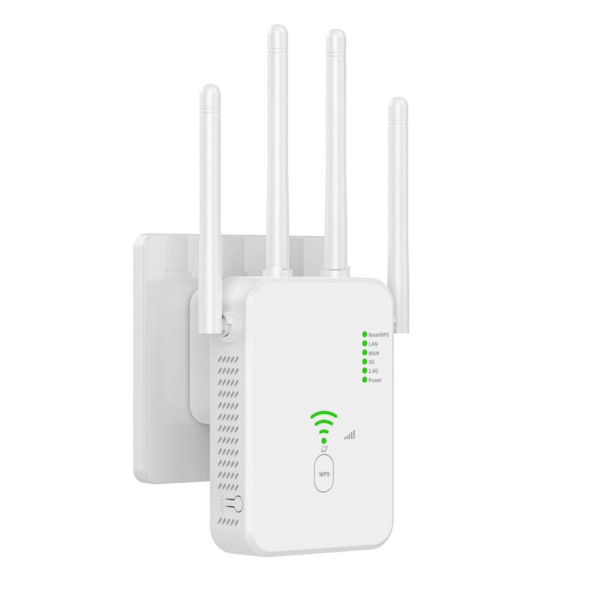 Ein weißer WLAN-Repeater mit vier Antennen und Status-LEDs, an einer Wand montiert.