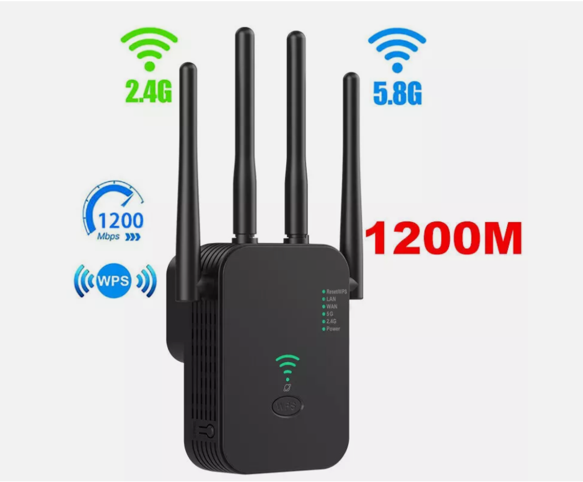 Schwarzer WLAN-Repeater mit 4 Antennen, 2.4G/5.8G, 1200M Geschw.