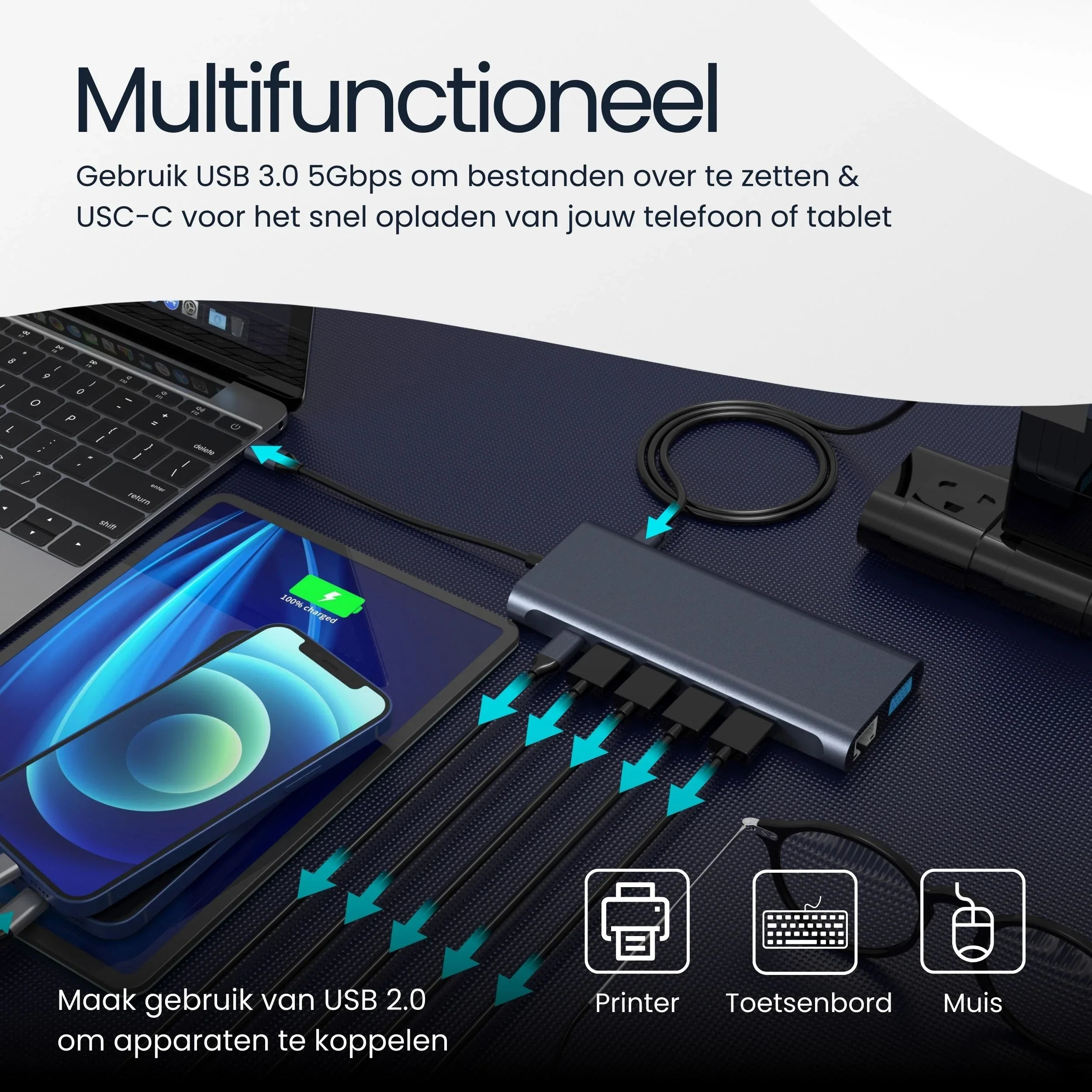 A multi-port USB hub connected to a tablet, laptop, printer, keyboard, and mouse.