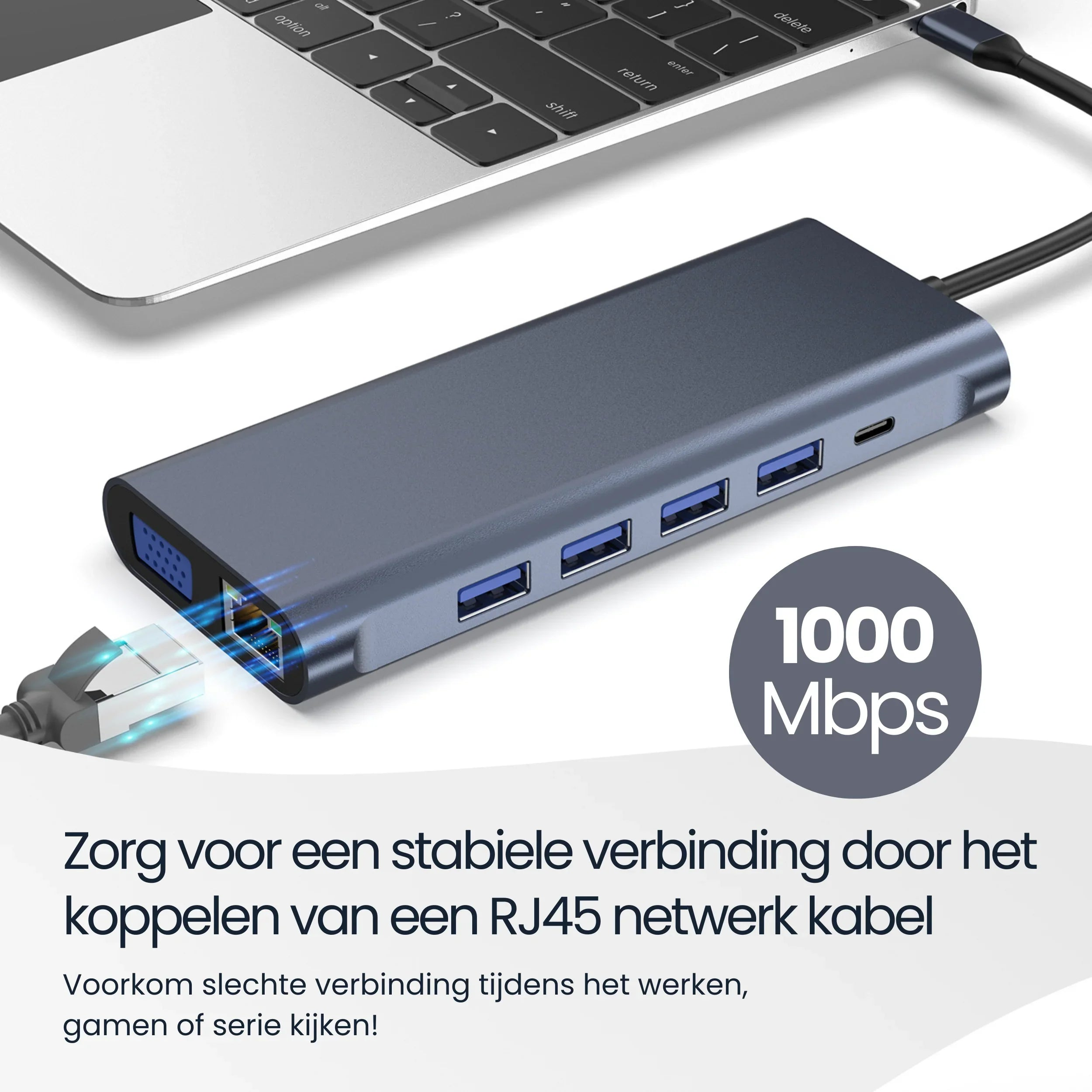 A USB-C hub with network port connected to a laptop.
