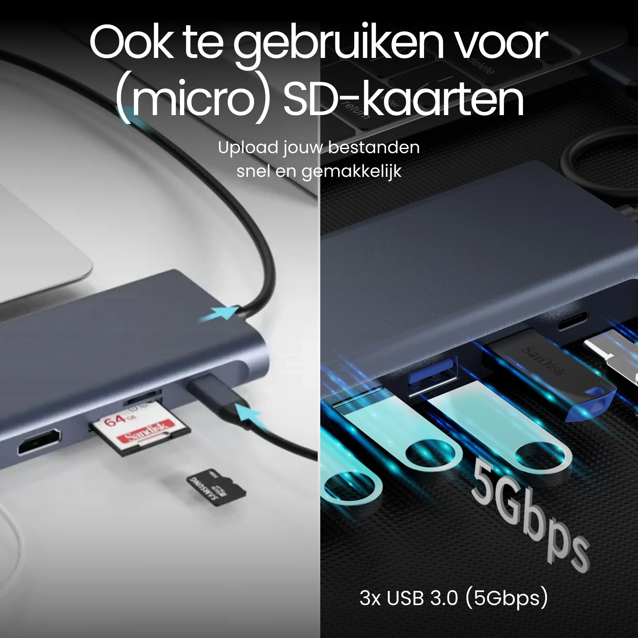 A USB hub with SD and microSD card slots and USB 3.0 ports.