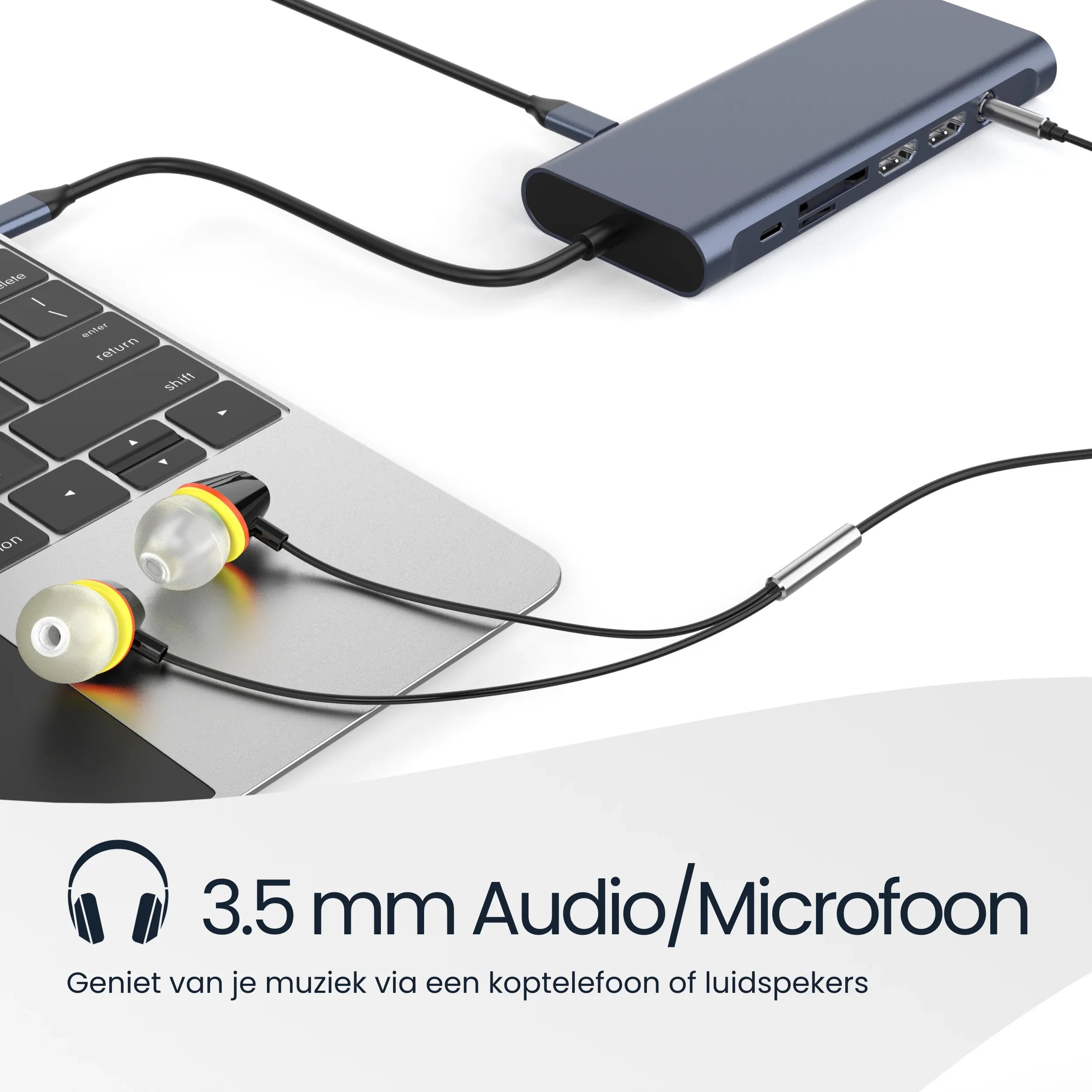 A USB-C hub with earphones connected to a laptop, showing a 3.5mm jack.