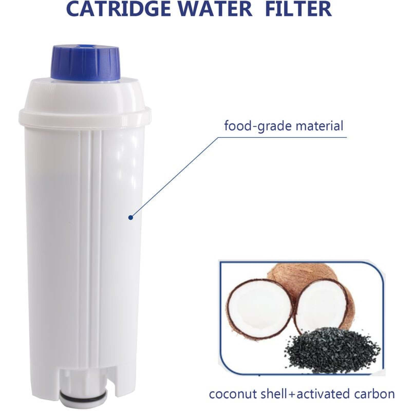 Ein weißer Wasserfilter mit blauem Deckel und Kokosnussschalen/Aktivkohle.