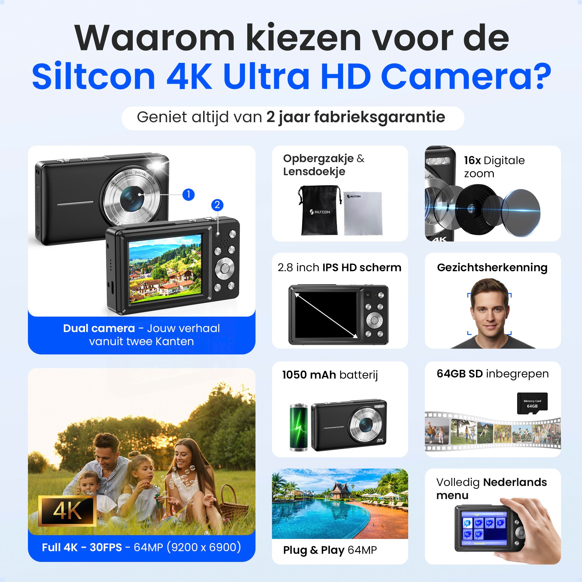 Overzicht van de Siltcon 4K Ultra HD camera met dubbele camera, 16x zoom, 2,8-inch scherm.