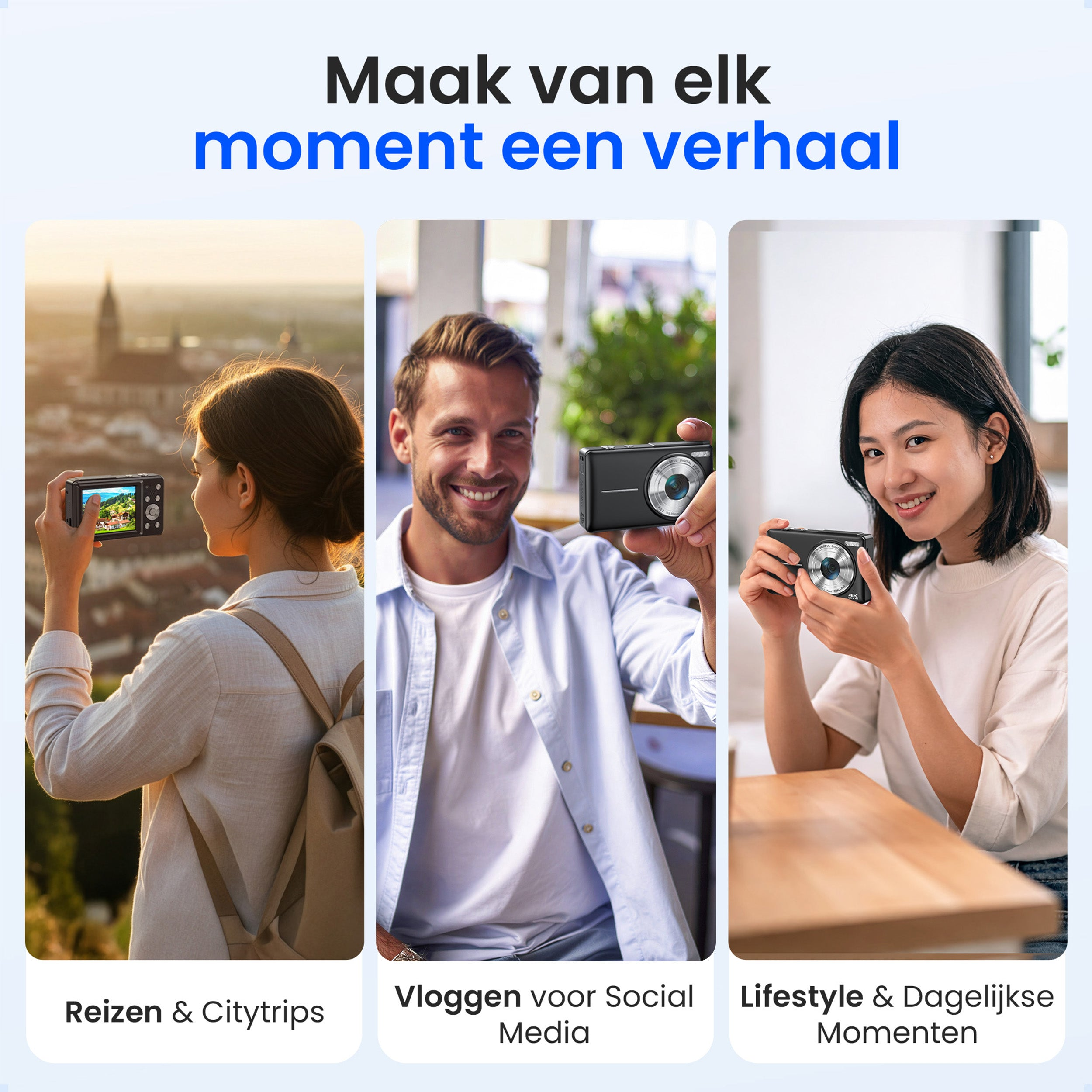 Drie personen houden camera's vast. Een vrouw kijkt naar een stad, een man lacht naar de camera.