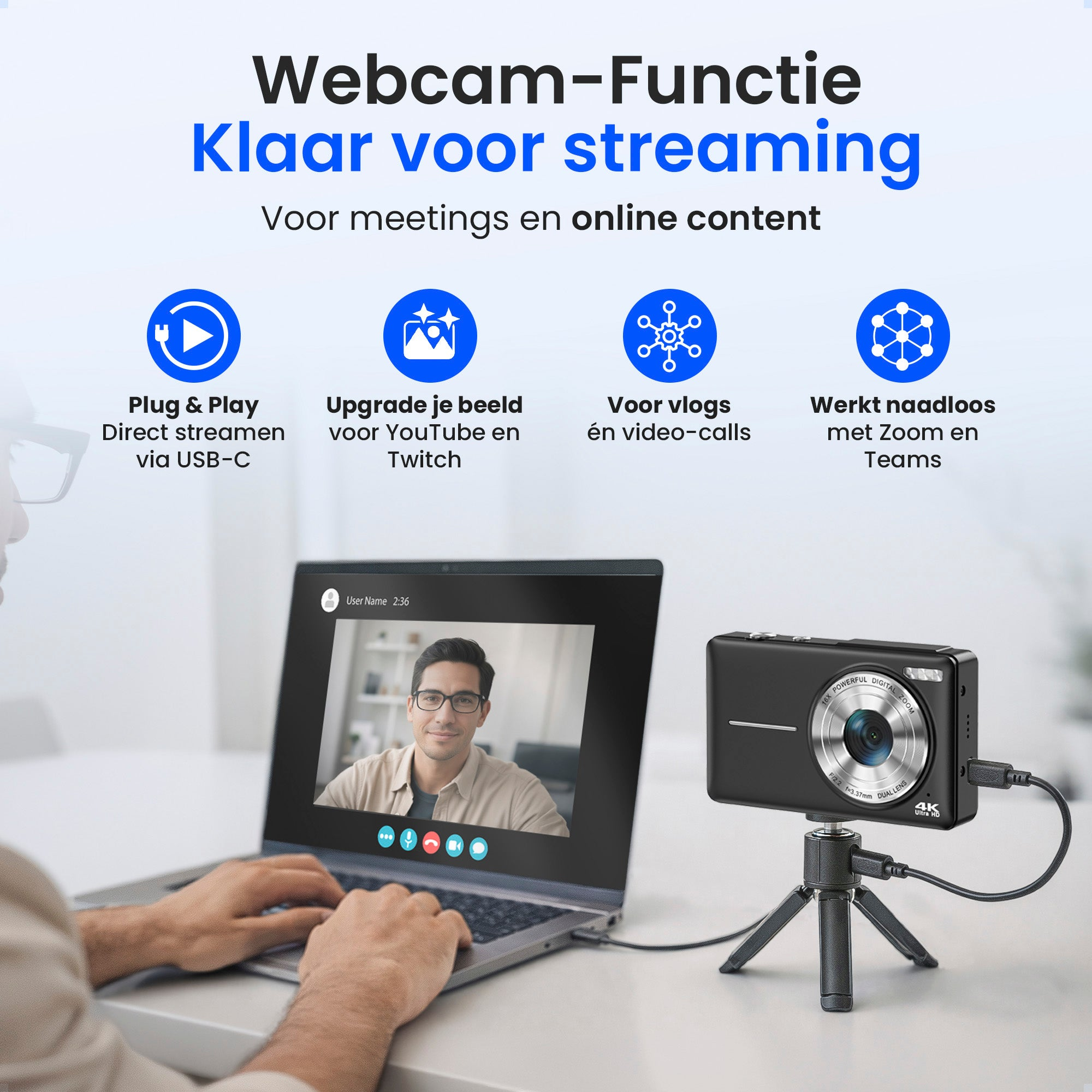 Laptop toont videogesprek. Daarnaast een 4K webcam op statief.