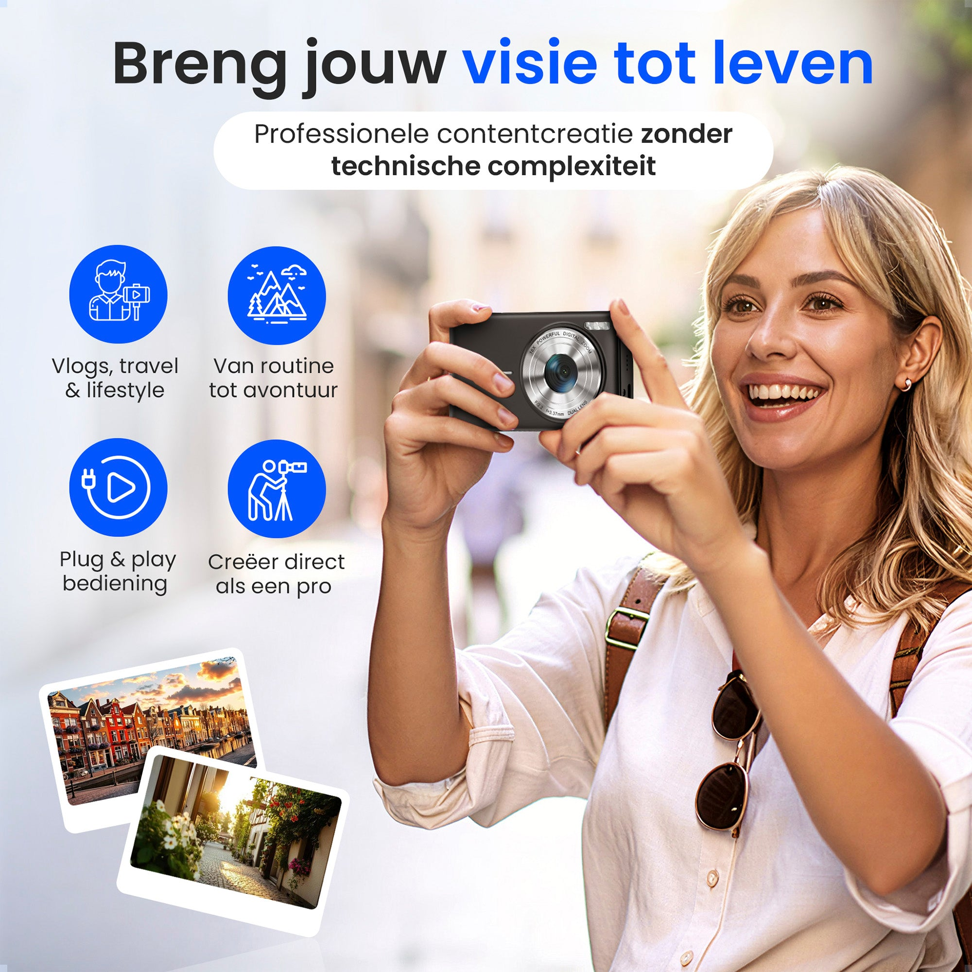 Een vrouw maakt een foto met een camera. Iconen tonen vlogs, reizen, natuur en een microfoon.