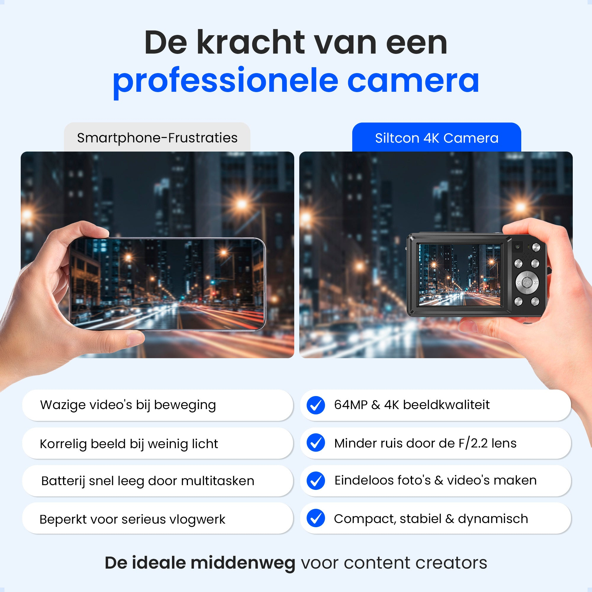 Vergelijking smartphone en camera voor content creators in de nacht.