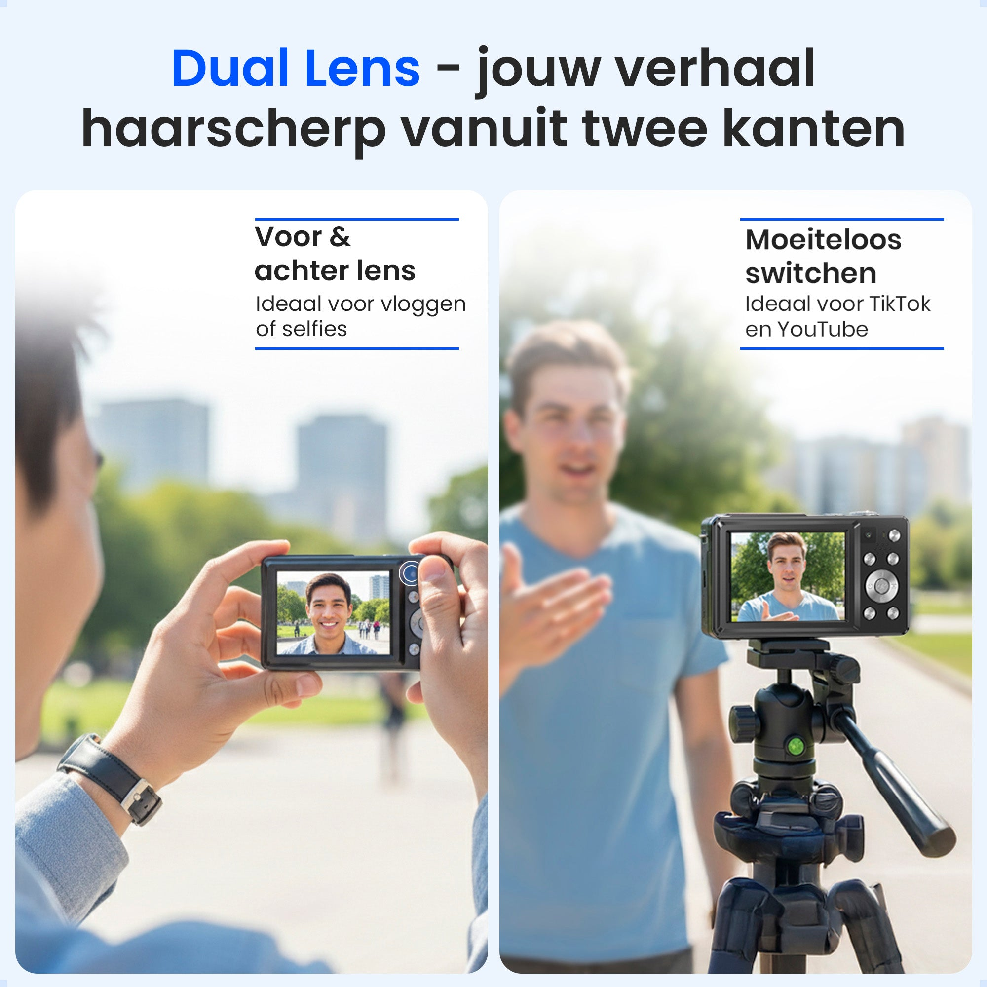 Persoon maakt een selfie, terwijl een ander een video opneemt.