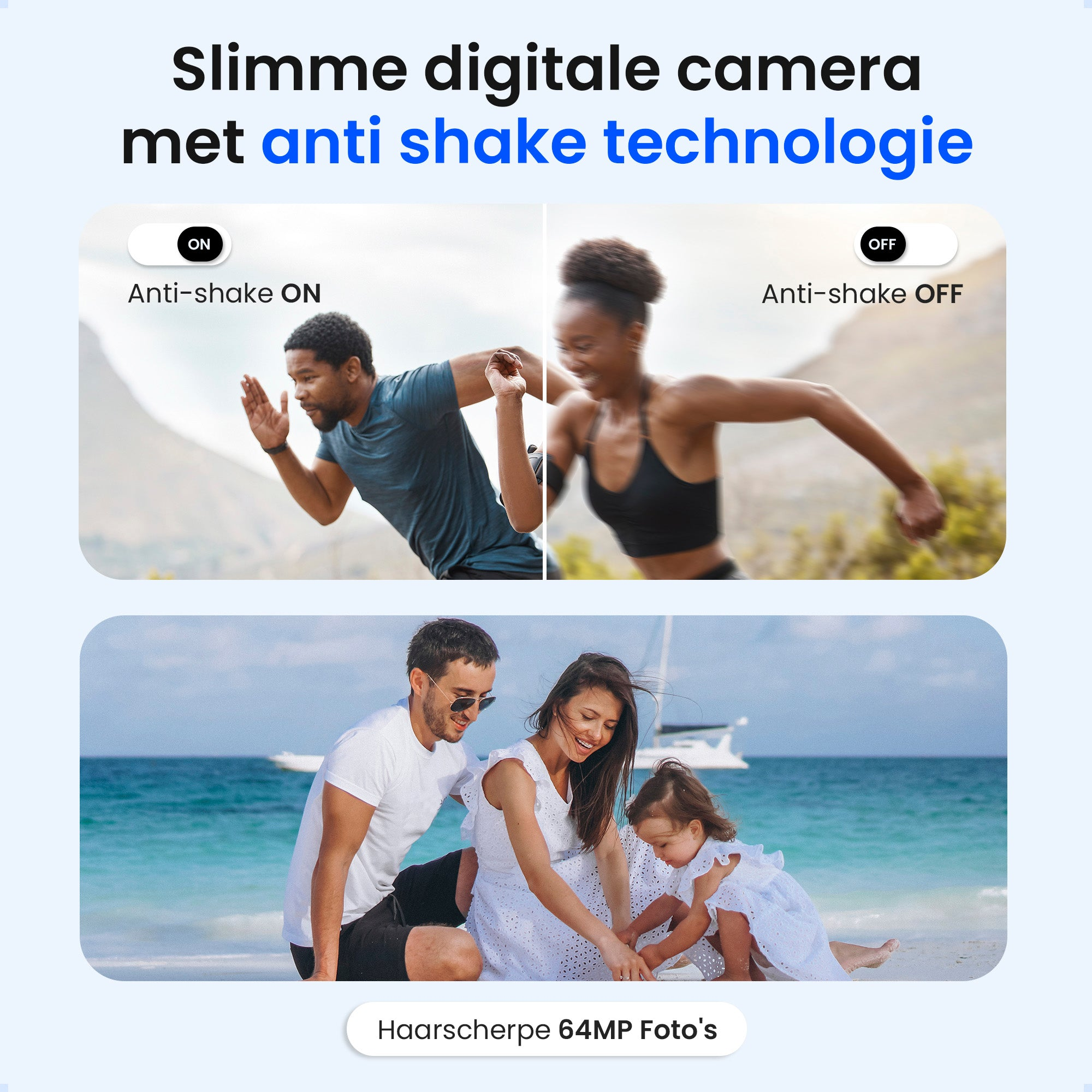 Man en vrouw rennen, gezin op strand. Anti-shake AAN/UIT.