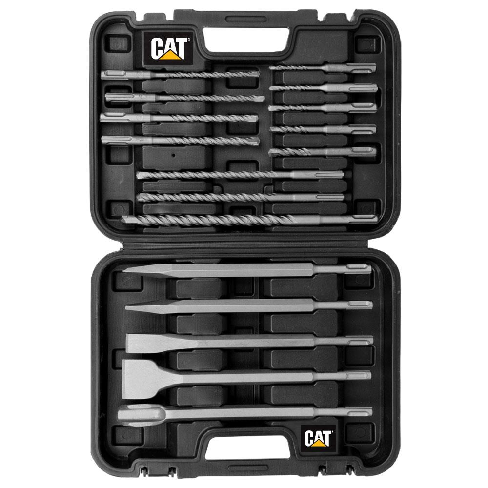 Matkap uçları ve keskiler içeren siyah CAT logolu bir çanta.