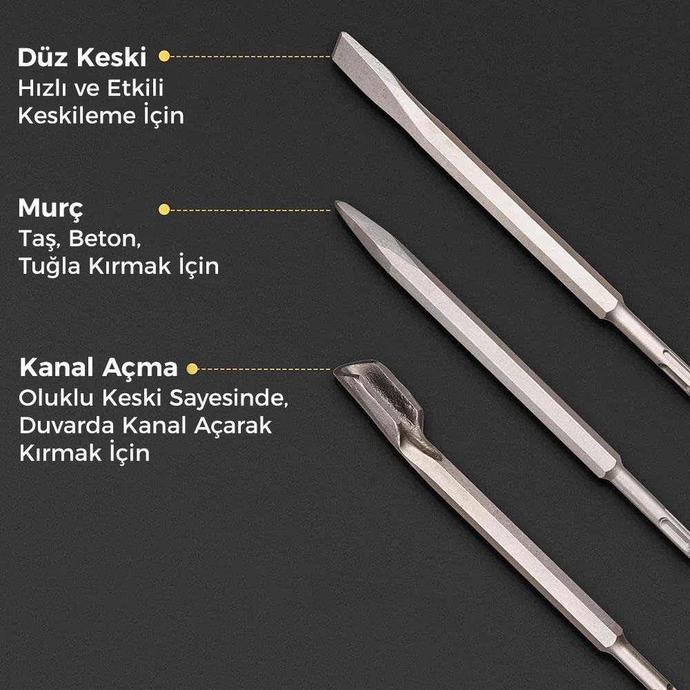Üç keski: düz, sivri ve kanal keski, çeşitli delme ve yıkım işleri için.