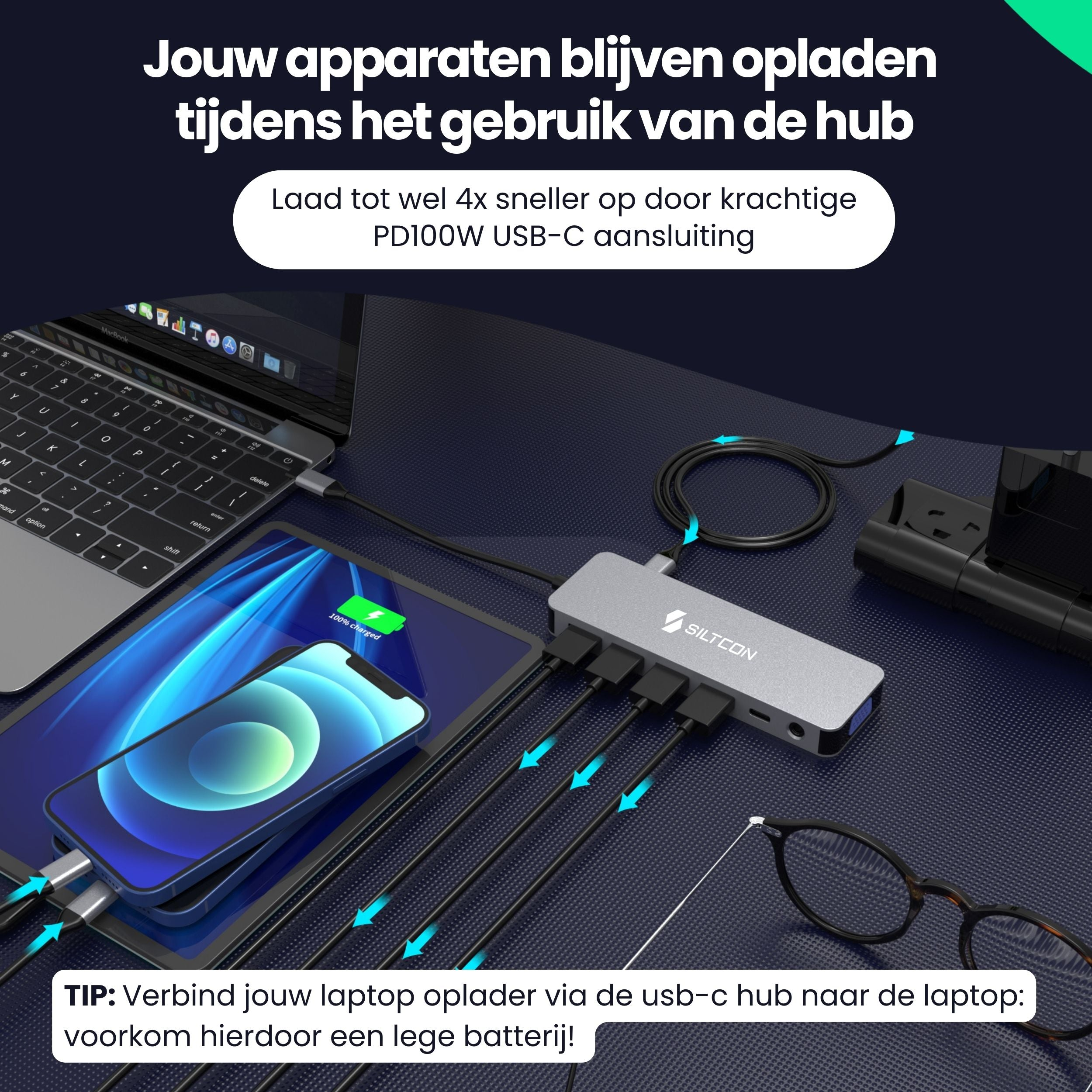 A laptop, tablet, and smartphone are charging via a gray USB-C hub.