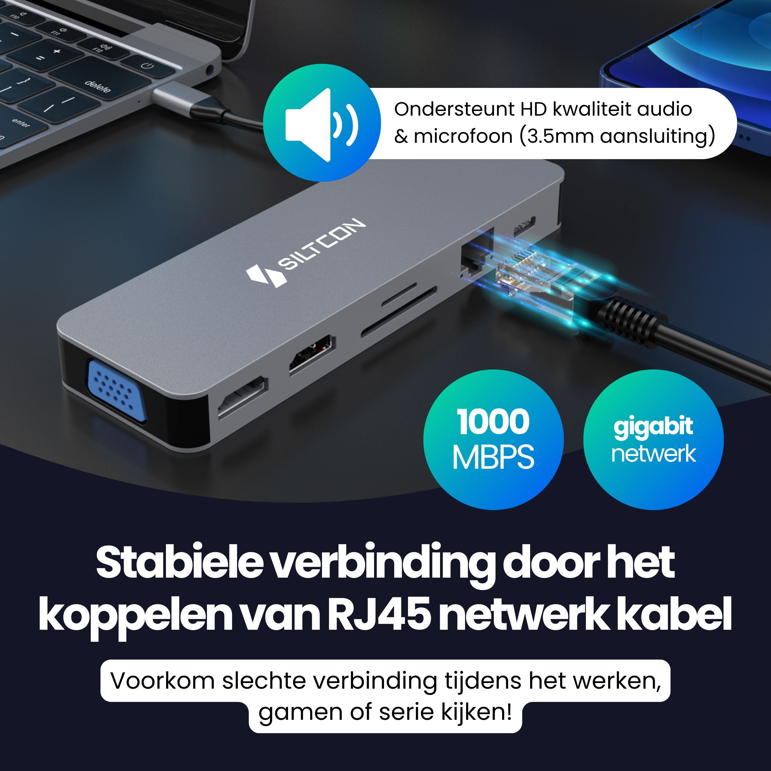 Gray USB-C hub with ports, RJ45 cable, and laptop.