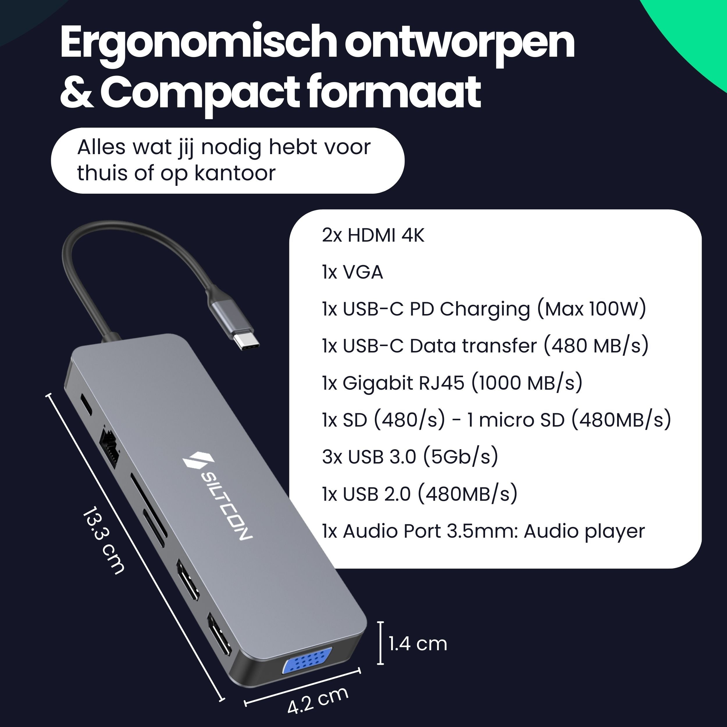 Gray USB-C hub with multiple ports: HDMI, VGA, USB, SD card reader.