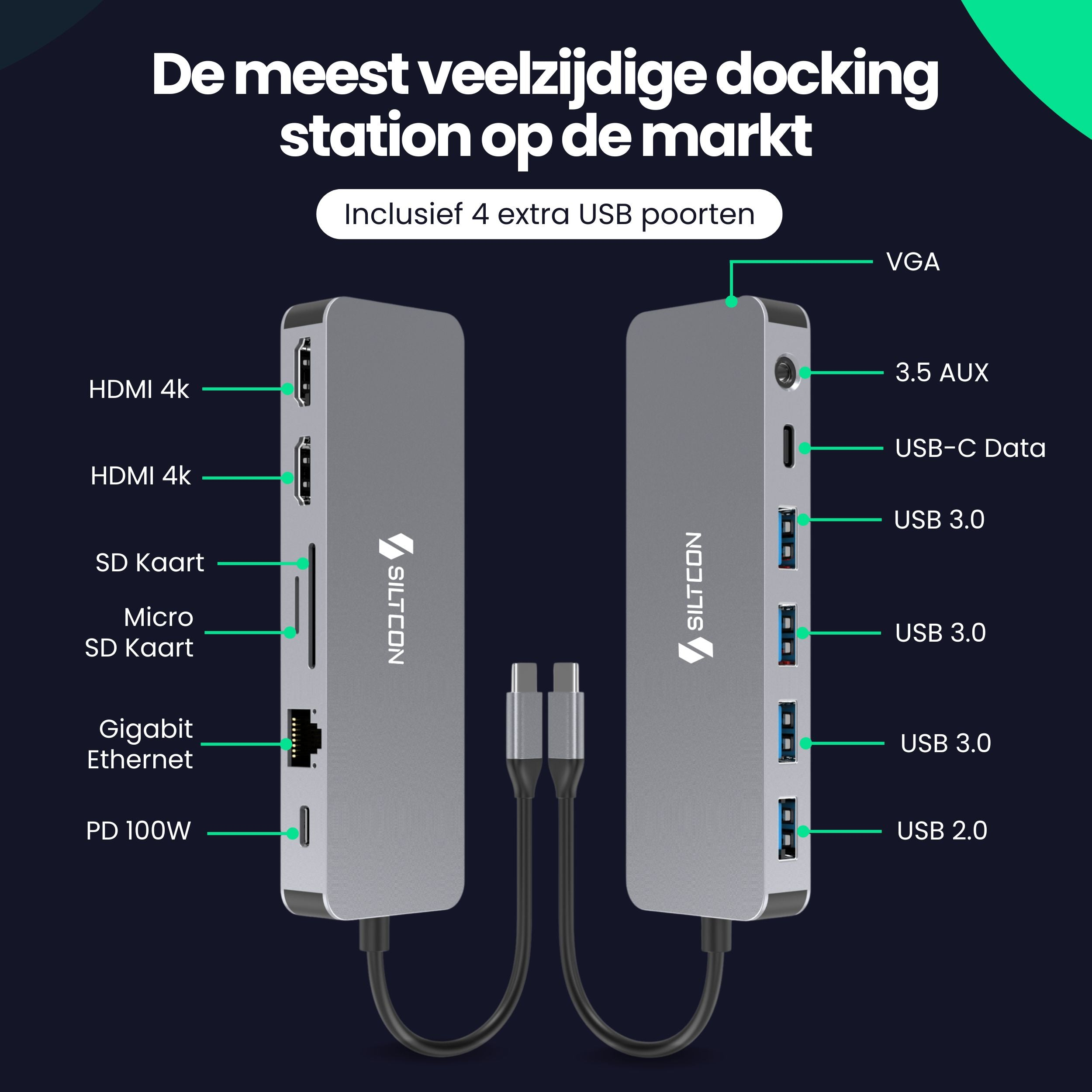 Gray docking station with multiple ports: HDMI, USB, SD cards, Ethernet, VGA.