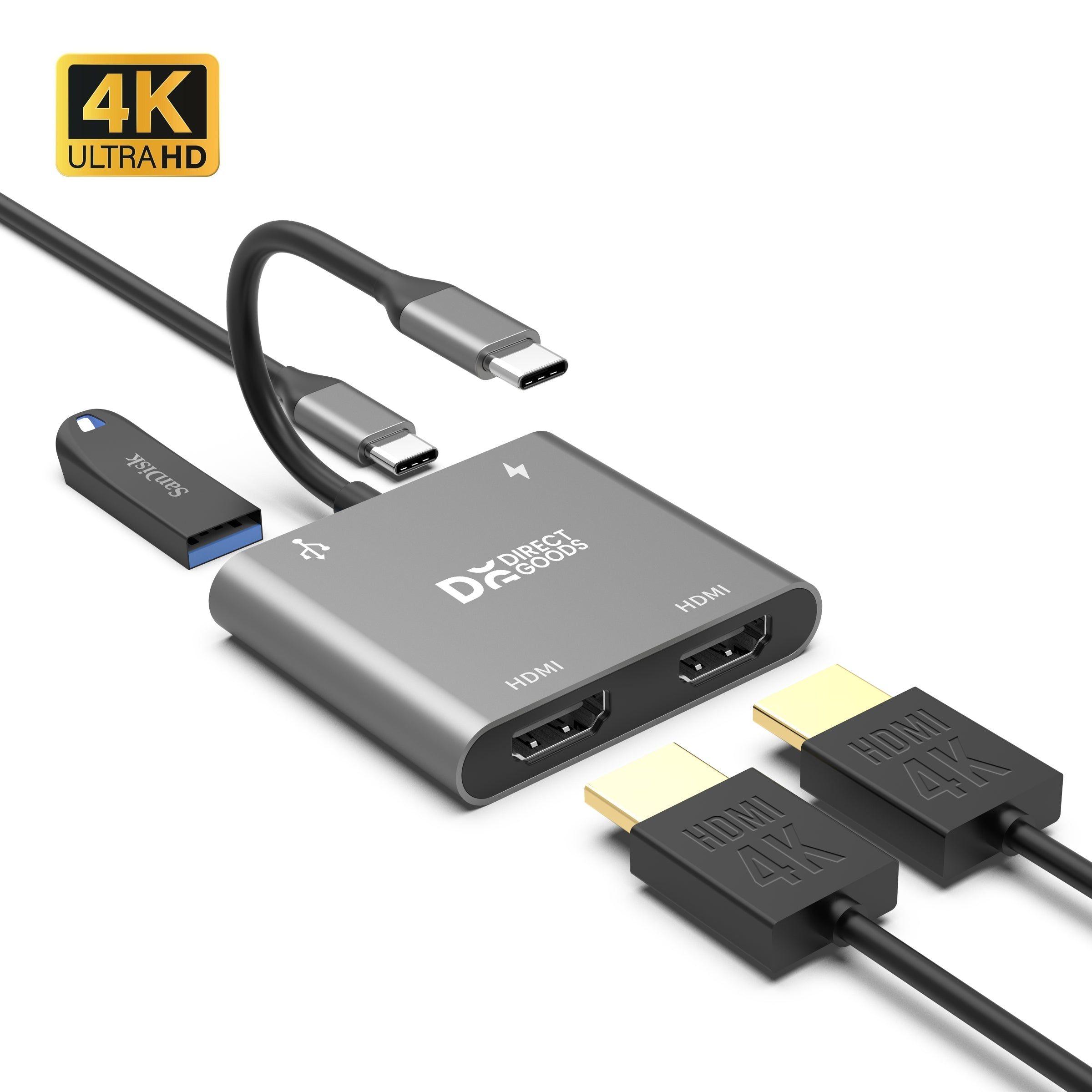 A USB-C hub featuring two HDMI ports, one USB-A port, and one USB-C port.