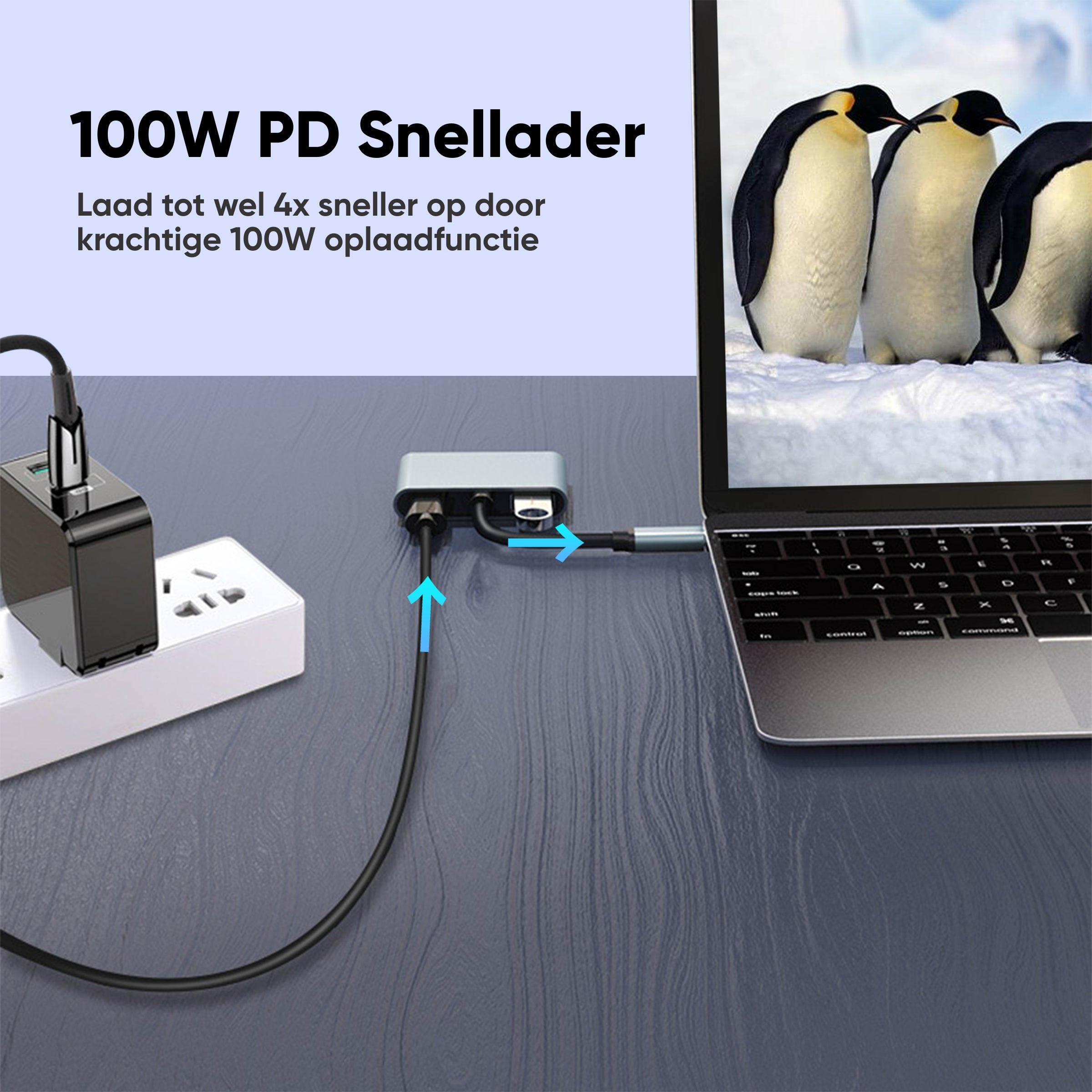 A power adapter charges a laptop via a hub. Three penguins stand on snow.