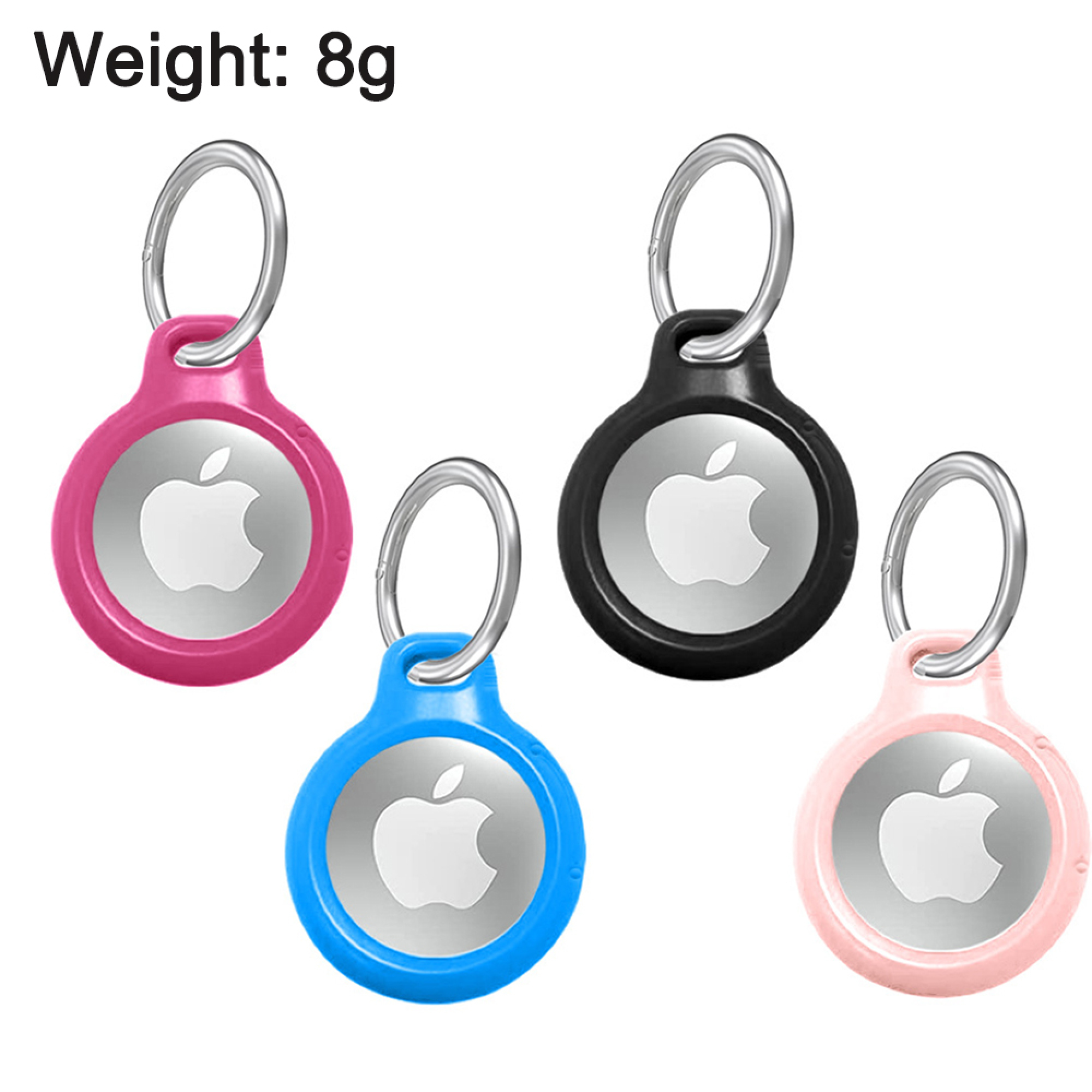 Vier Schlüsselanhänger in Rosa, Blau, Schwarz und Hellrosa mit Apple-Logo.