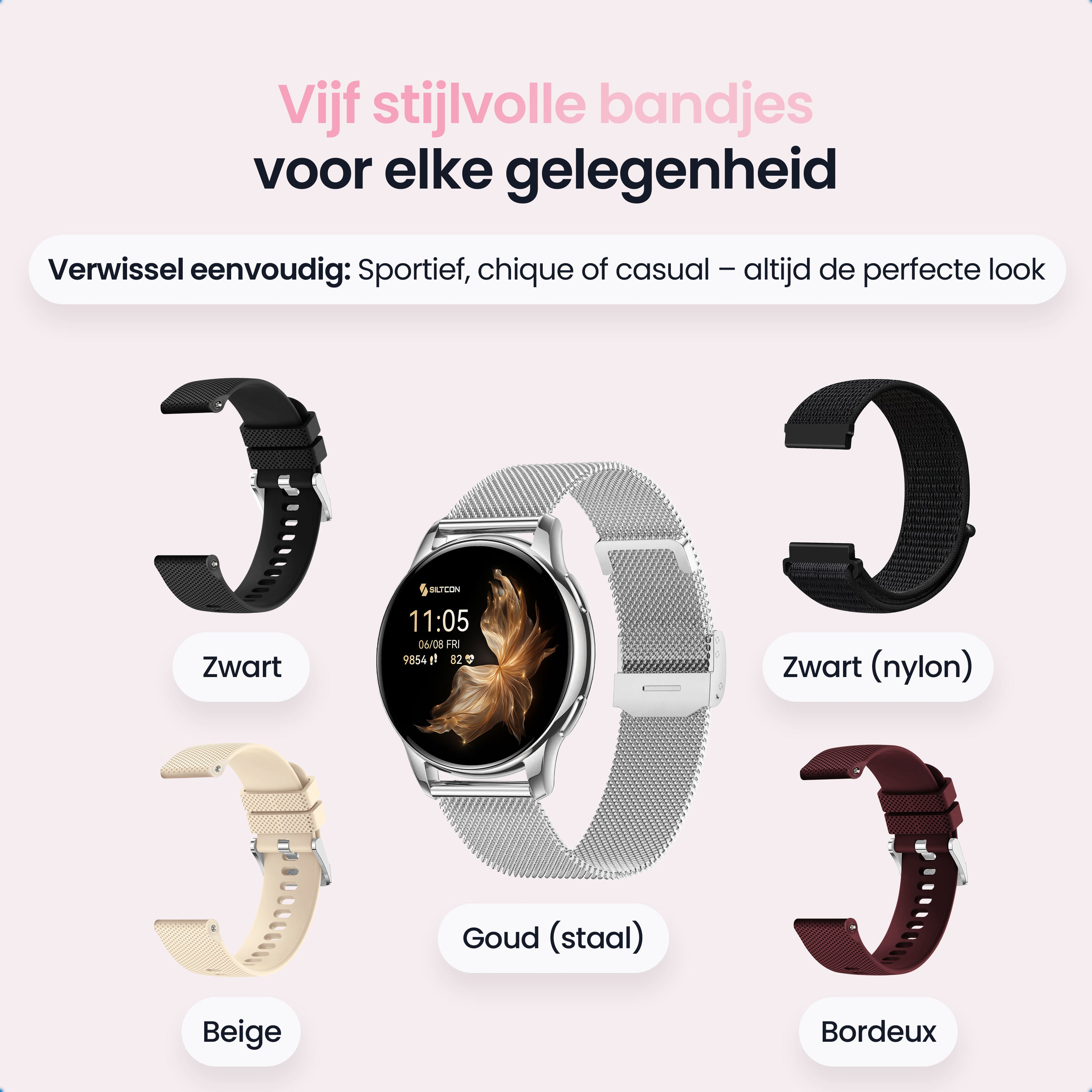 A silver smartwatch with five interchangeable watch bands in different colors.