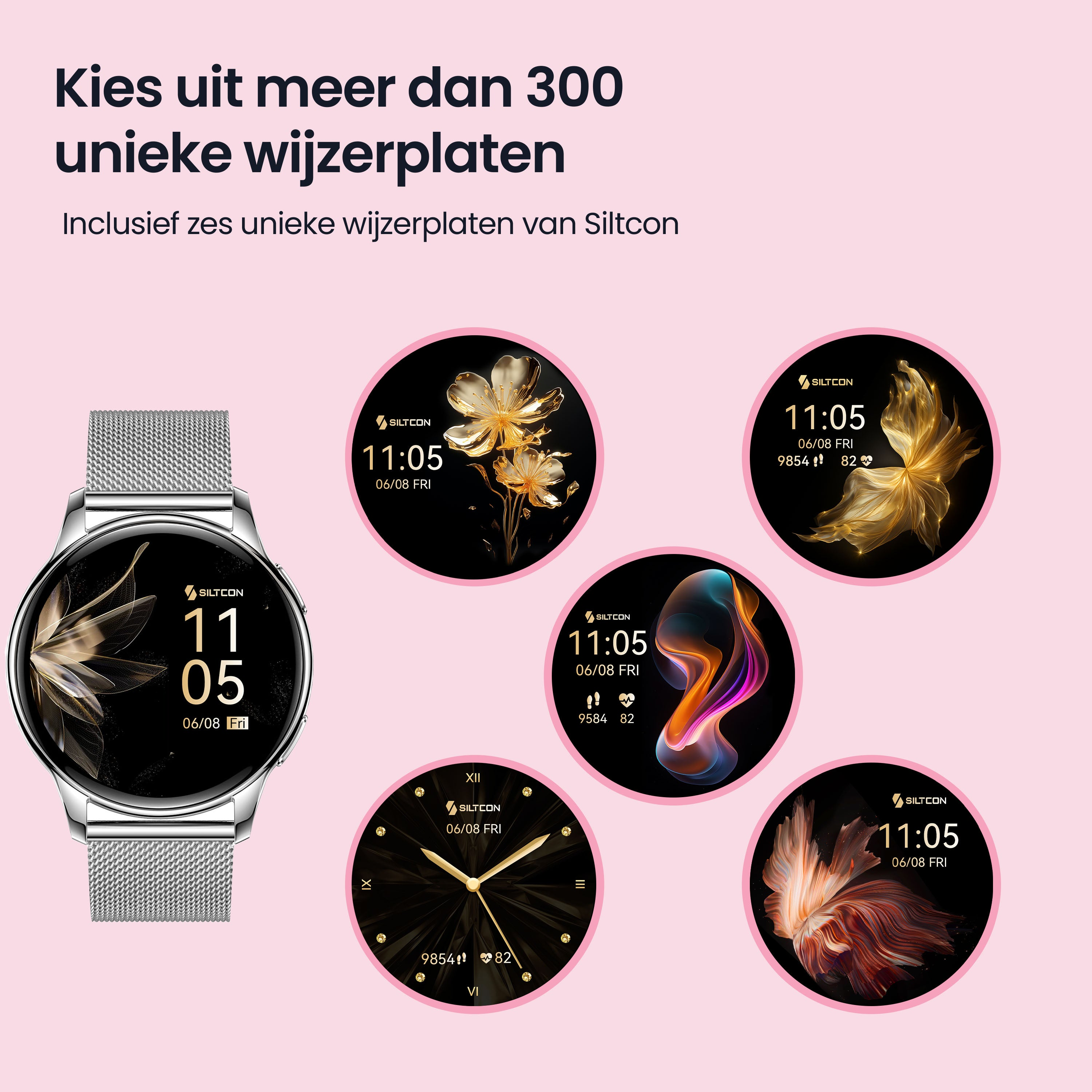Silver smartwatch displaying multiple colorful watch faces with floral and abstract designs.