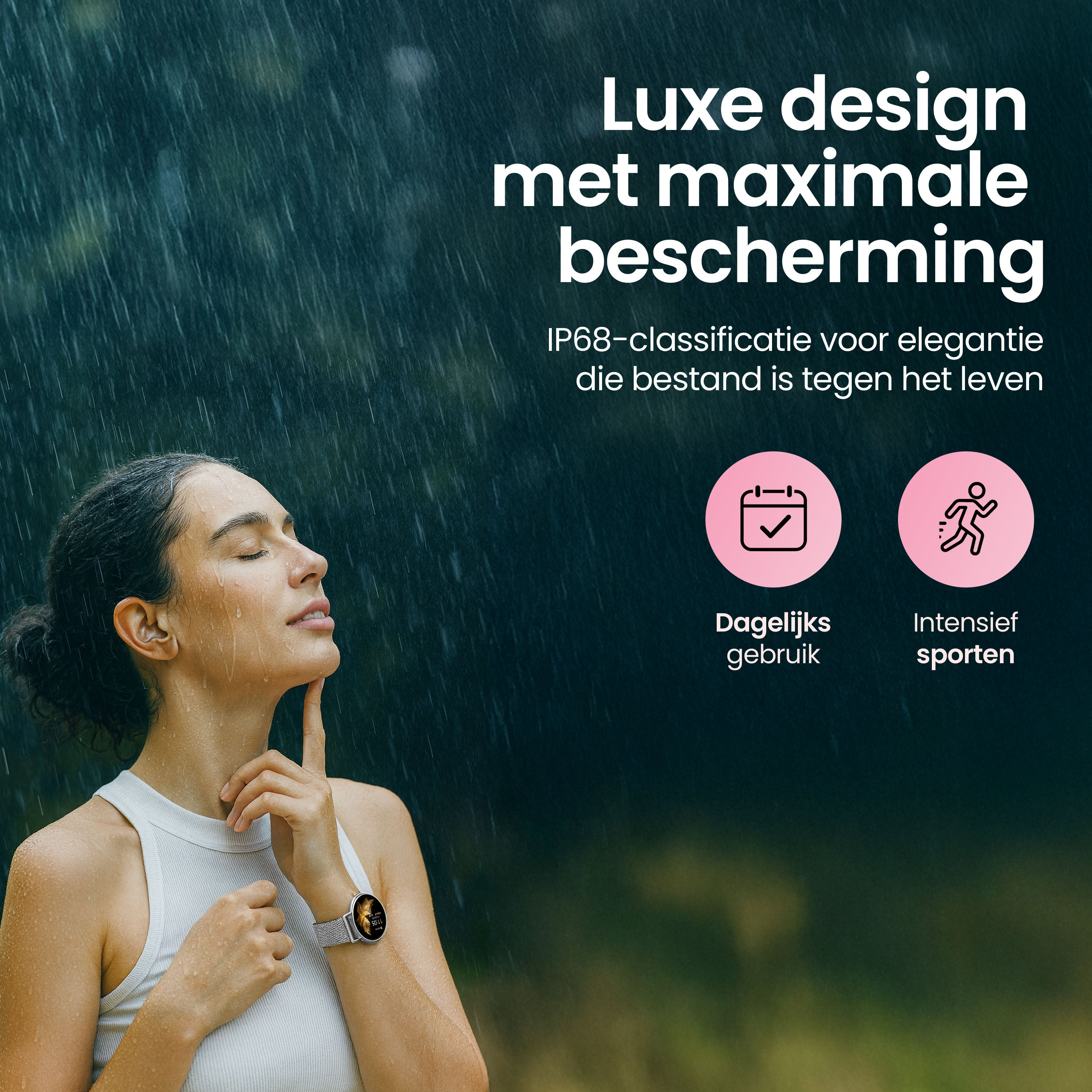 A woman in the rain wears a watch. Text highlights luxury design and protection.