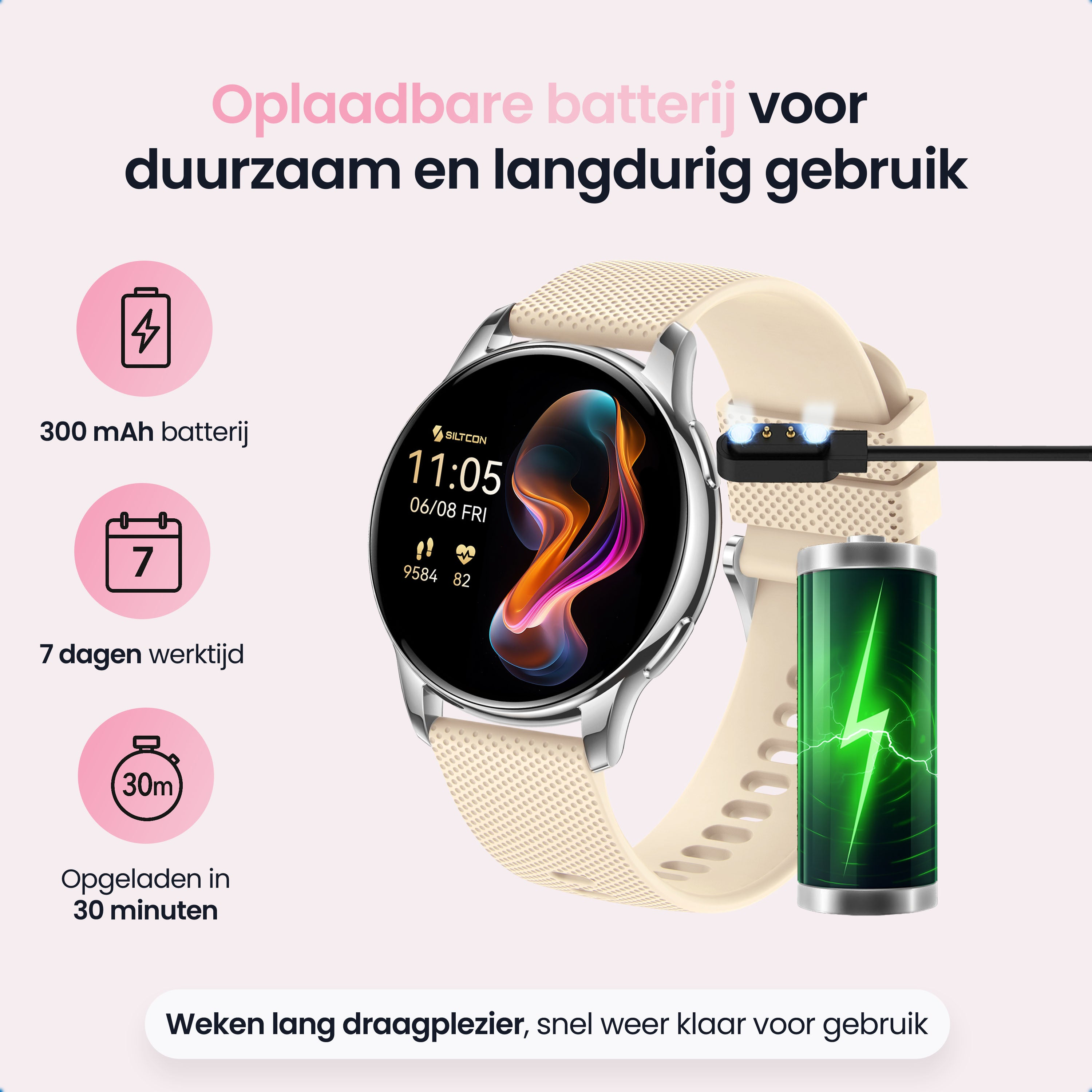 Smartwatch with charging indicator and battery icons. 300 mAh battery, 7 days runtime.