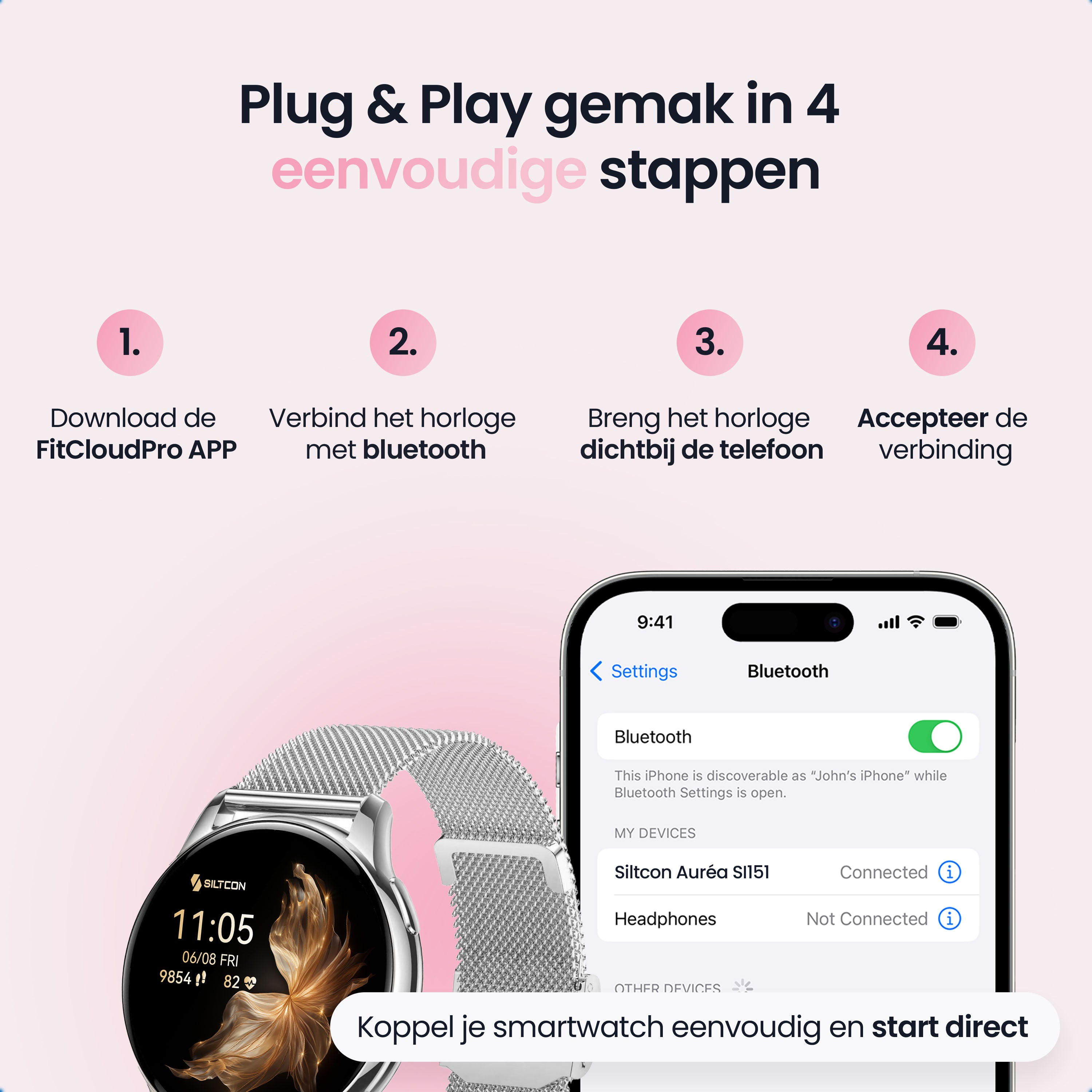 Step-by-step guide on how to pair a smartwatch with a phone via Bluetooth.