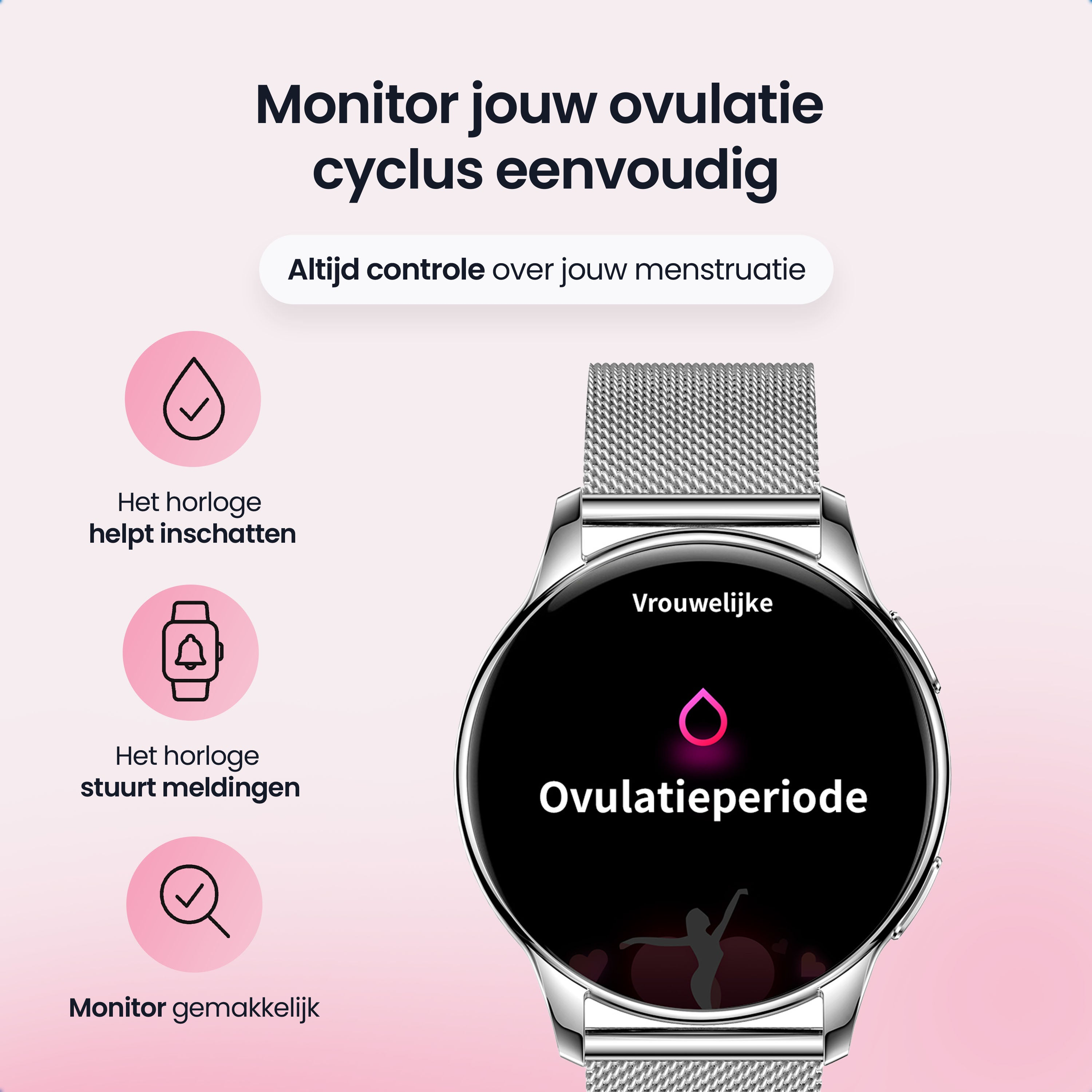 A watch displays the ovulation cycle. Icons for estimation, notifications, and monitoring.
