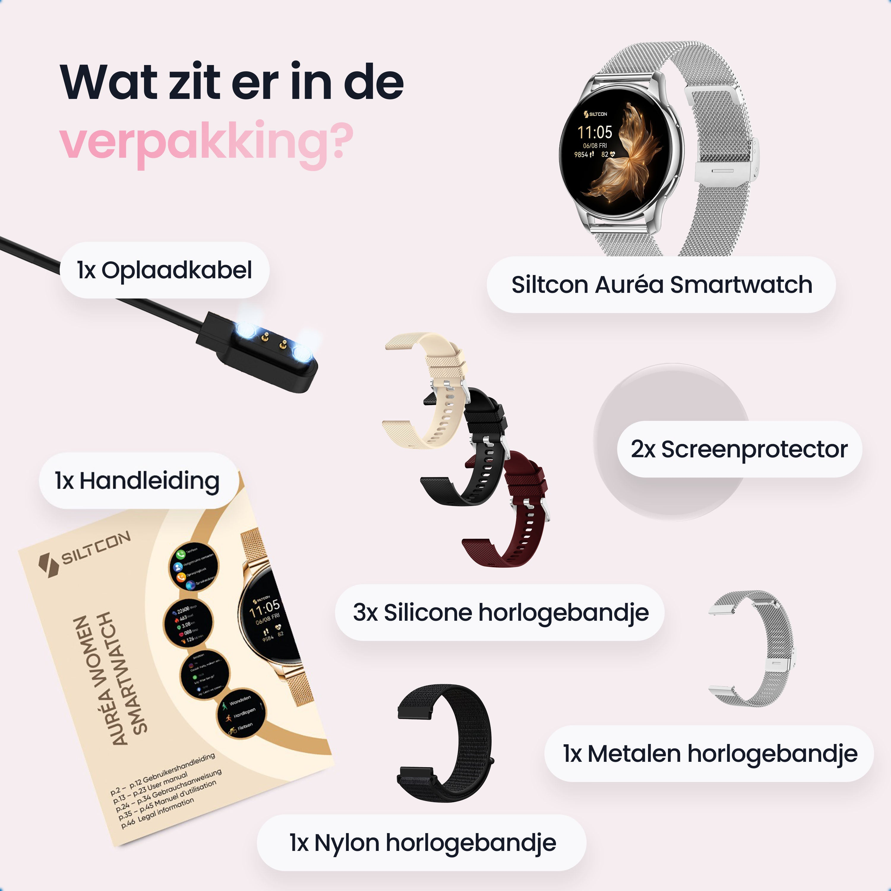Smartwatch packaging contents: watch, charger, manual, 3 silicone, 1 nylon, 1 metal band, 2 screen protectors.