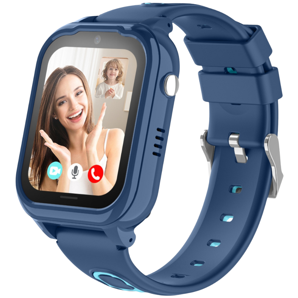 Een blauw smartwatch toont een videogesprek met een vrouw en een kind.