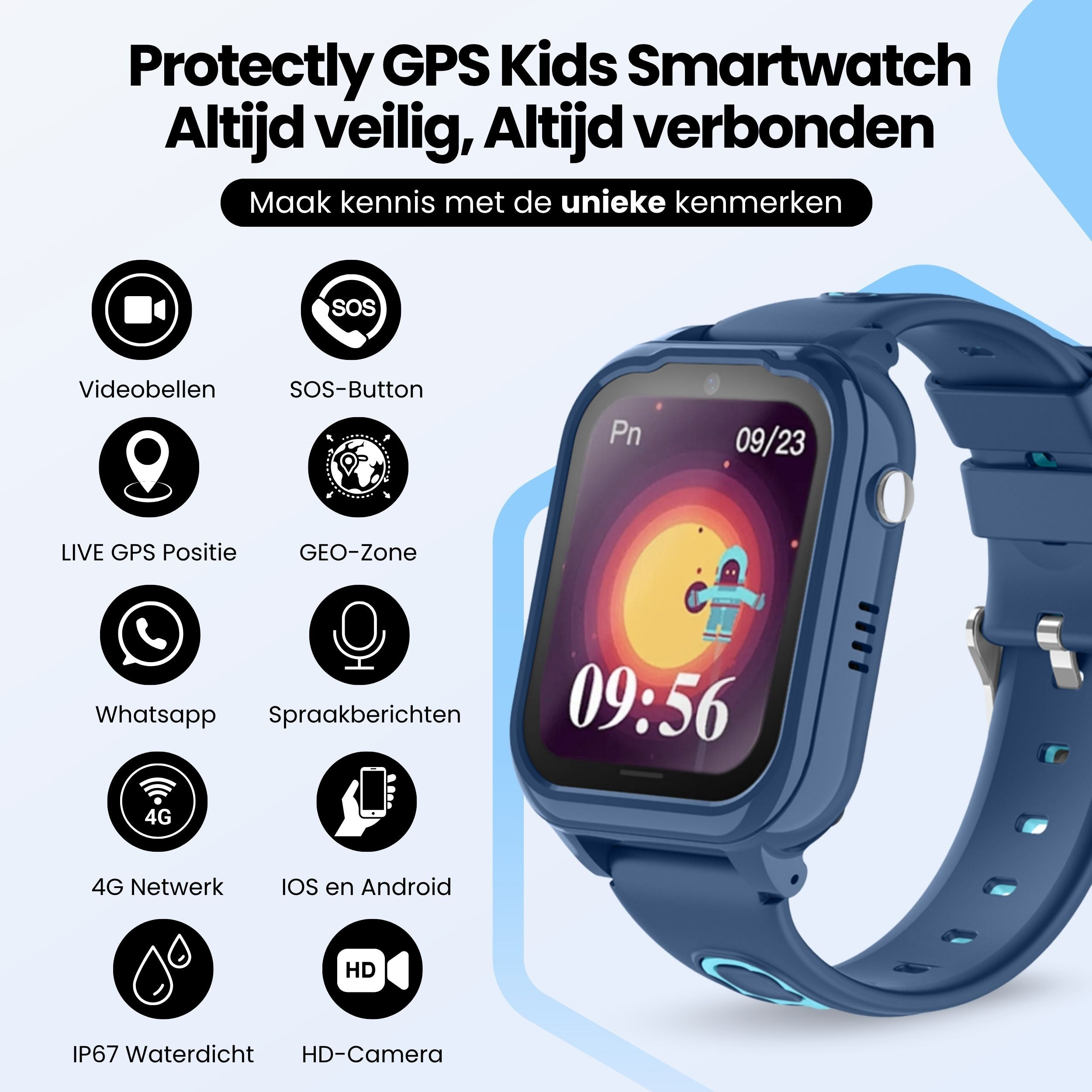 Een blauw GPS-kindersmartwatch toont functies zoals videogesprekken en SOS met iconen.