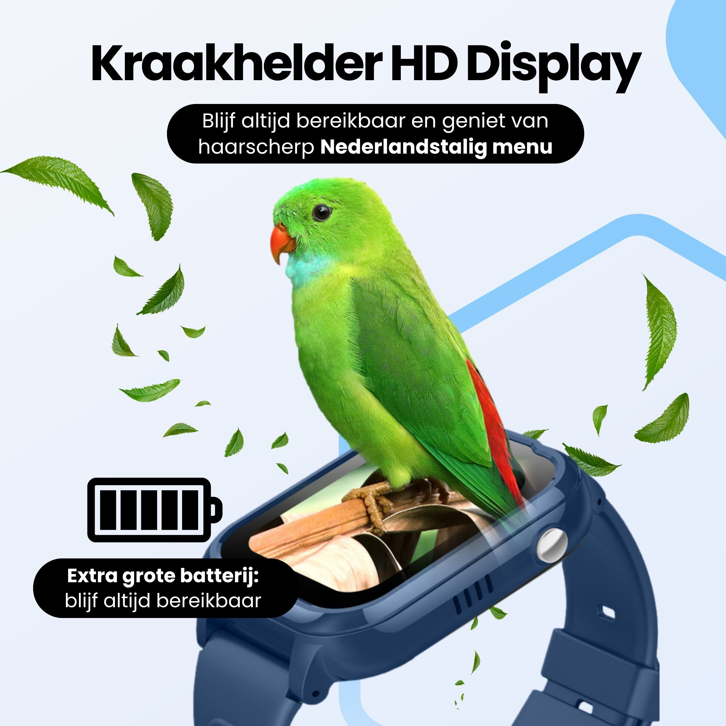Groene papegaai op smartwatch met batterij-icoon en bladeren.
